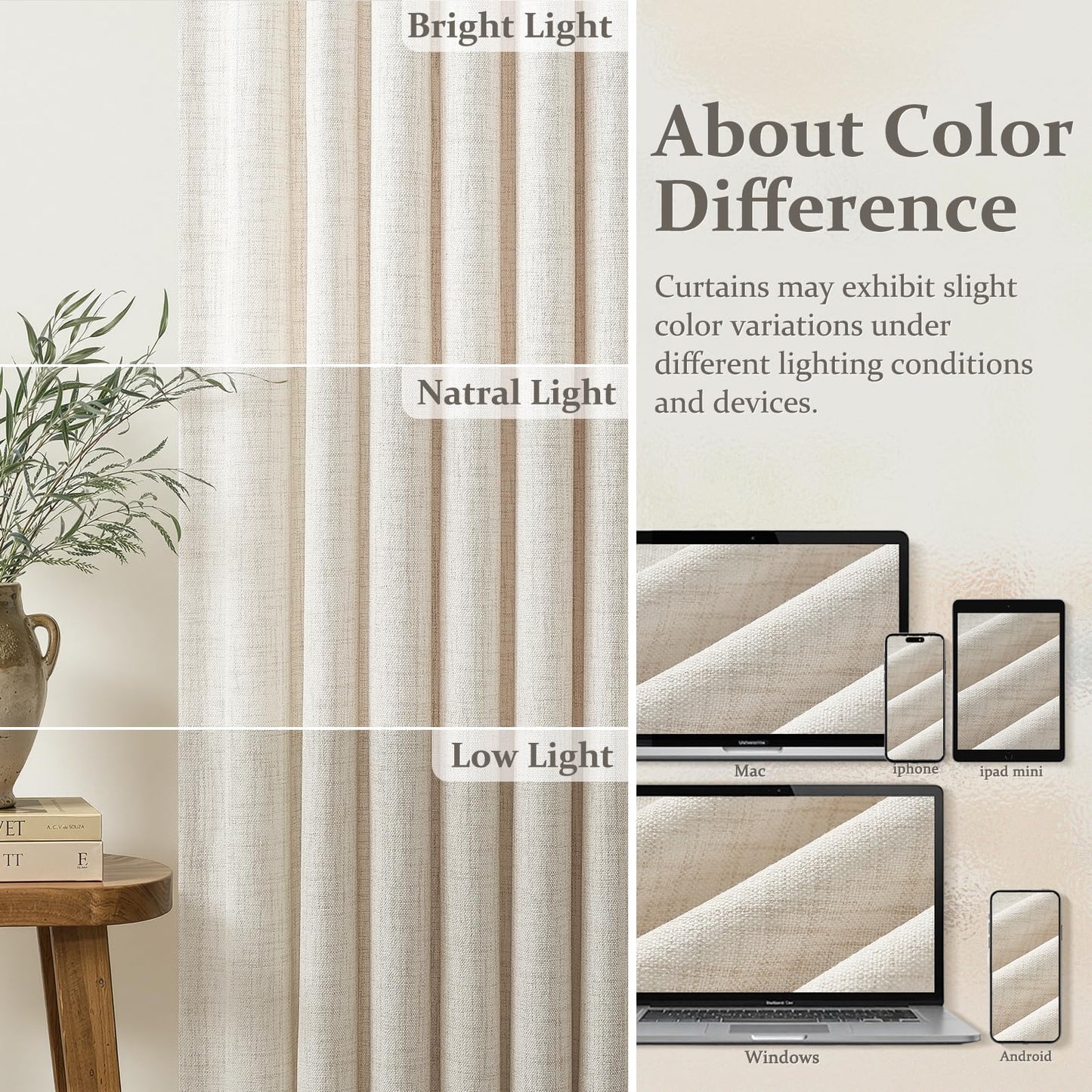 Pleated Cream Beige Sheer Curtains 84 Inches Long for Bedroom 2 Panels Set, Memory Trained Pinch Pleat Thick Linen Farmhouse Curtain Light Filtering Non-See Through Privacy Living Room Windows Drapes