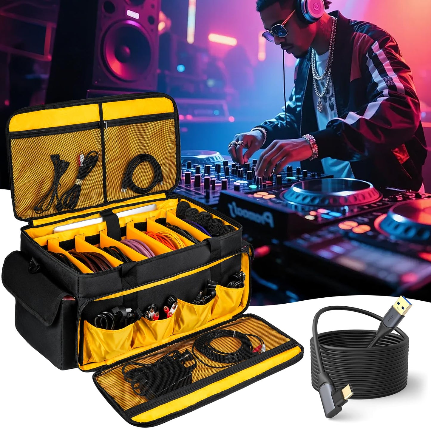 Large DJ Equipment Bag with 6 Detachable Dividers,DJ Cable File Bag with Laptop and Microphone Slots,Travel Dj Gig Organizer Bags for DJ Gear,Musicians, Professional and Dj Accessories(21.5"×12"×11")