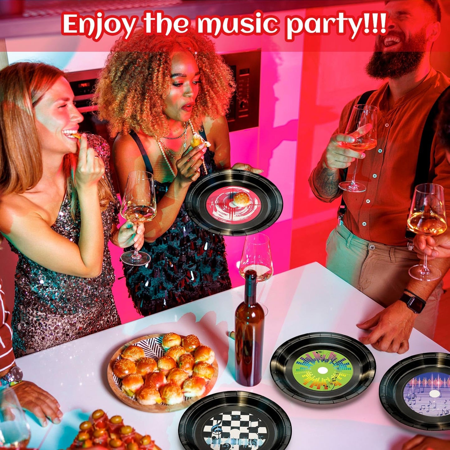FillTouch 60 Pcs 9 Inch Paper Plates Party Decorations Plates Disposable Plates Set Tableware for Birthday Anniversary Supplies Dessert Favor (1950's Rock Record)