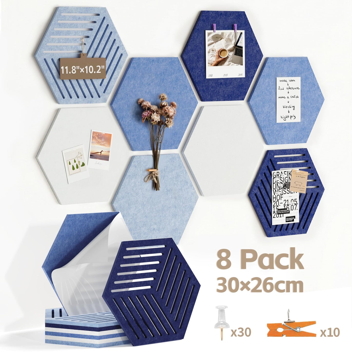 Hexagon Large Felt Bulletin Board Tiles - Cork Board Alternative for Wall 8 Pack Pin Board with 40 Push Pins, DIY Decor for Office Home Classroom Photos Memos