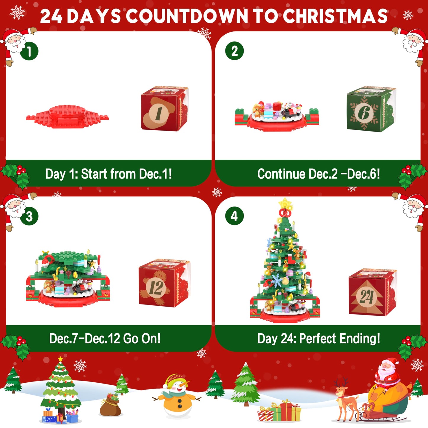 Advent Calendar 2025 Christmas Tree Building Set with LED Light, 24 Days Christmas Countdown Calendar Christmas Tree Building Blocks, Xmas Gifts for Adults Teens Kids