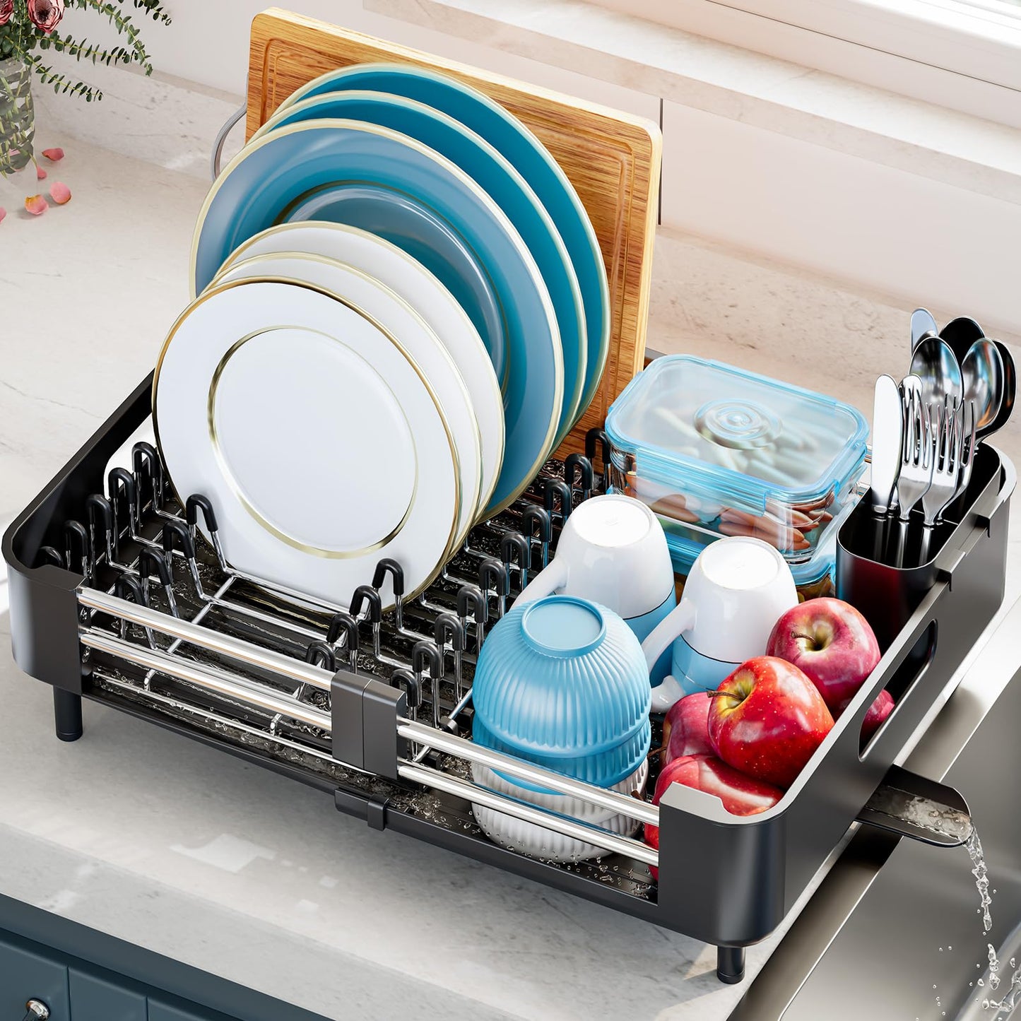 Urackify Extendable Dish Drying Rack, Dual Part Dish Drainers with Non-Scratch and Movable Cutlery Drainer and Drainage Spout, Adjustable Dish Rack for Kitchen,Black