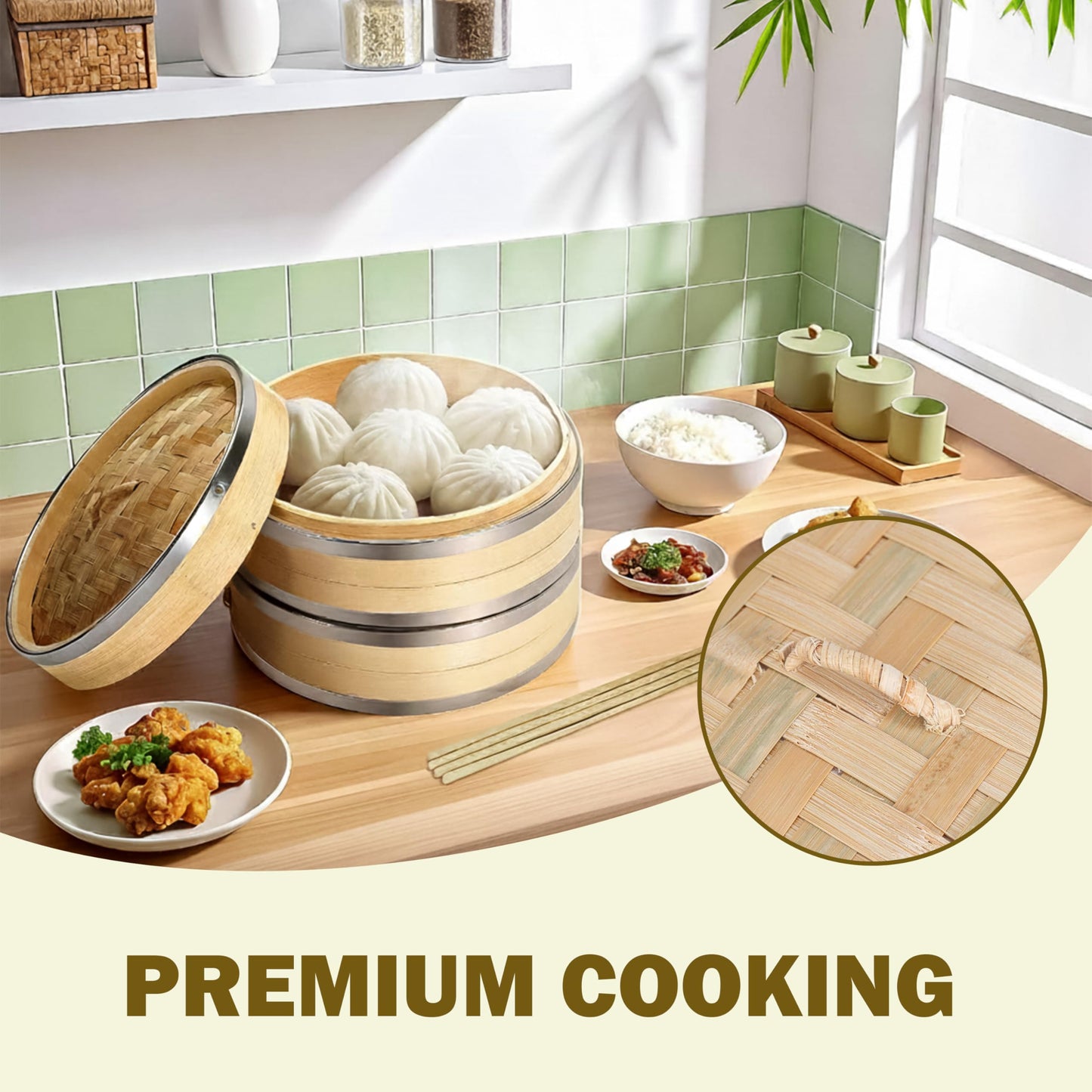 PureNest Living Co. 10 inch Bamboo Steamer Basket, 2-Tier Dumpling Steamer with Stainless Steel Band, Includes 2 Silicone Liners & 2 Pairs Chopsticks, Eco-Friendly Asian Food Steaming.