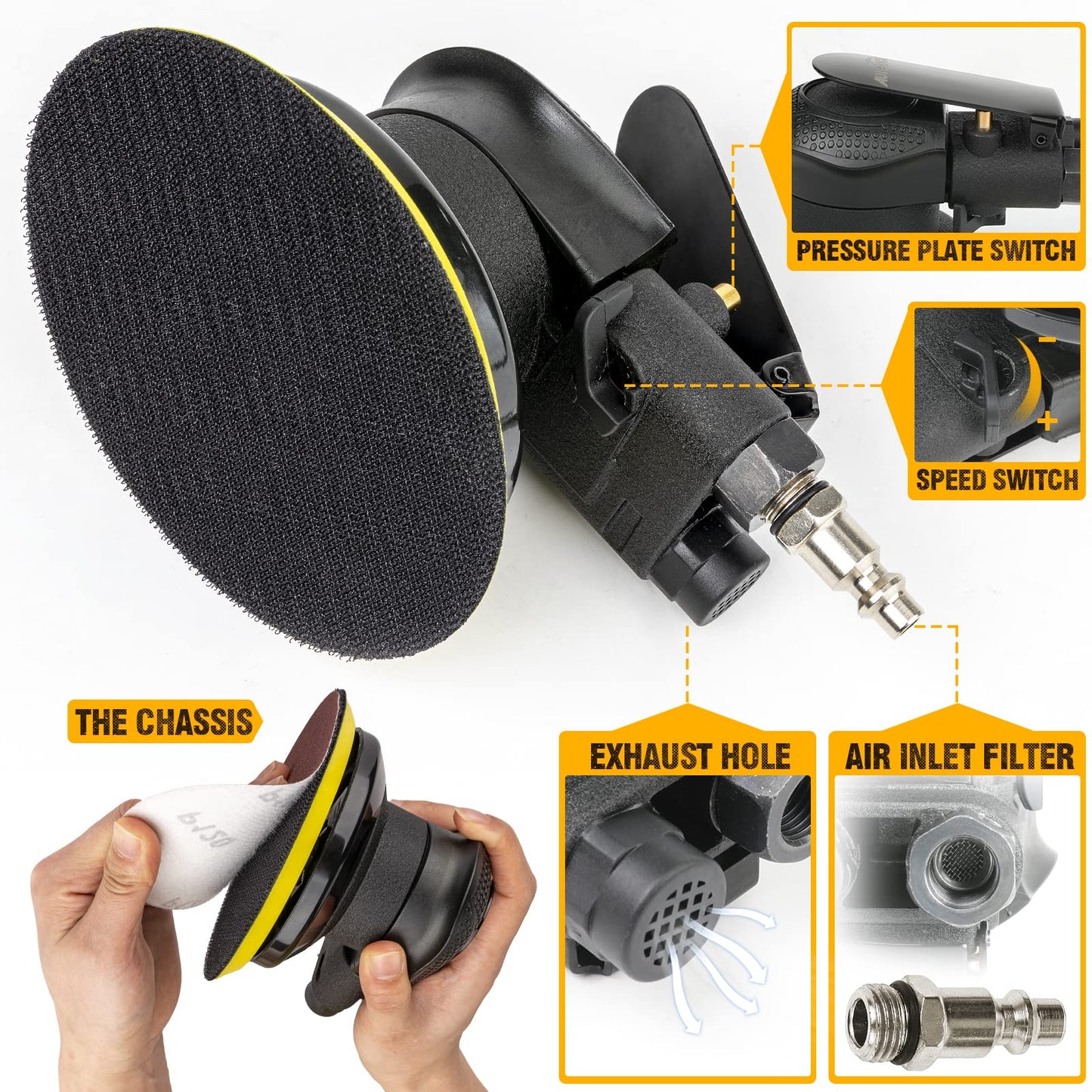 Autolcok 6 Inches Air Random Orbital Sander, Pneumatic Palm Car Sanders for Wood Polisher Metal,and Auto Body Work, Da Sanders, Dual-Action Sander