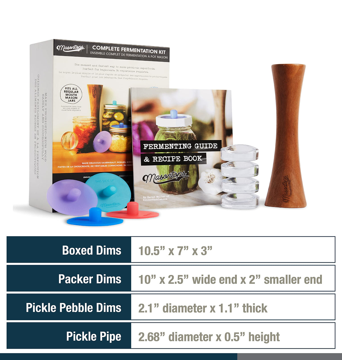Masontops Complete Mason Jar Fermentation Kit - Pickle Kit, Sauerkraut Making Kit Kimchi Container - Fermenting Kit Fermentation Airlock Lids for Small Mouth Mason Jars, Fermentation Weights & Tamper