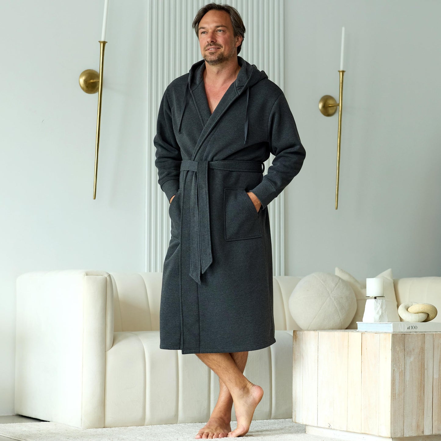 Alexander Del Rossa Sweatshirt Robes Men, Hooded Mens Robe with Hood and Pockets - Long Warm Men's Bathrobe, Dark Heathered Gray, Medium