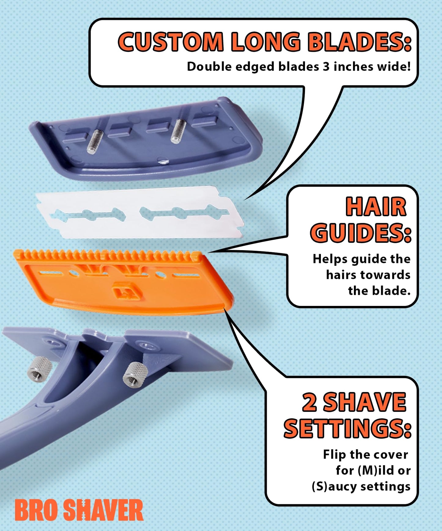 BRO SHAVER 3.0, Back Shaver for Men (DIY) Back & Body Hair Trimmer. Shave Wet or Dry Back Hair. Ergonomic Handle Uses Double Edge Razor Blades.