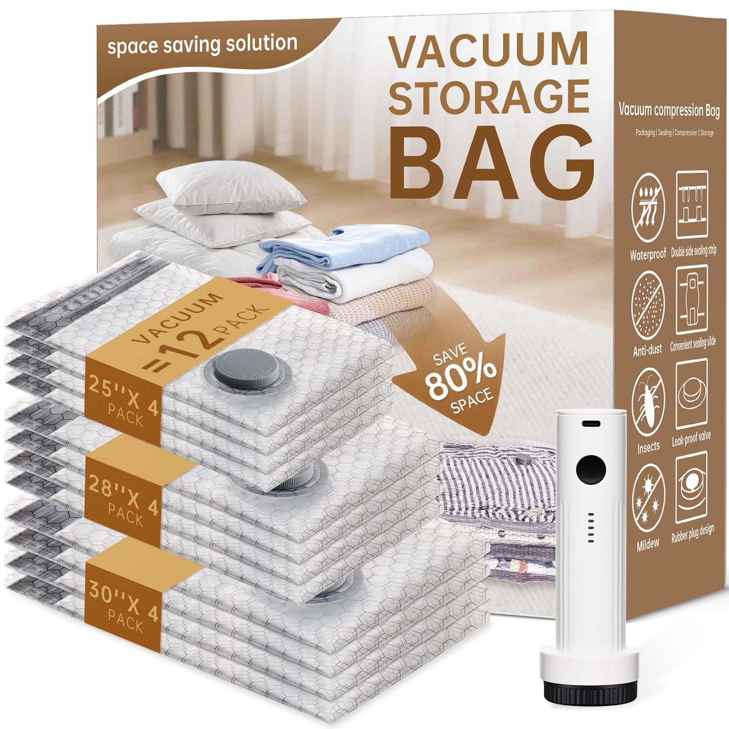 Vacuum Bags for Travel with Wireless Rechargeable Pump, 12 Pack Carry-on Size Compression Packing Seal Bags for Luggage and Suitcase, Space Saver Vacuum Storage Bags for Clothes and Clothing Travel 