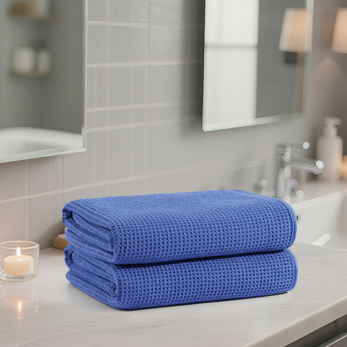 POLYTE 380 GSM Microfiber Oversize Quick Dry Lint Free Bath Towel, 60 x 30 in, Set of 2 (Waffle Weave)
