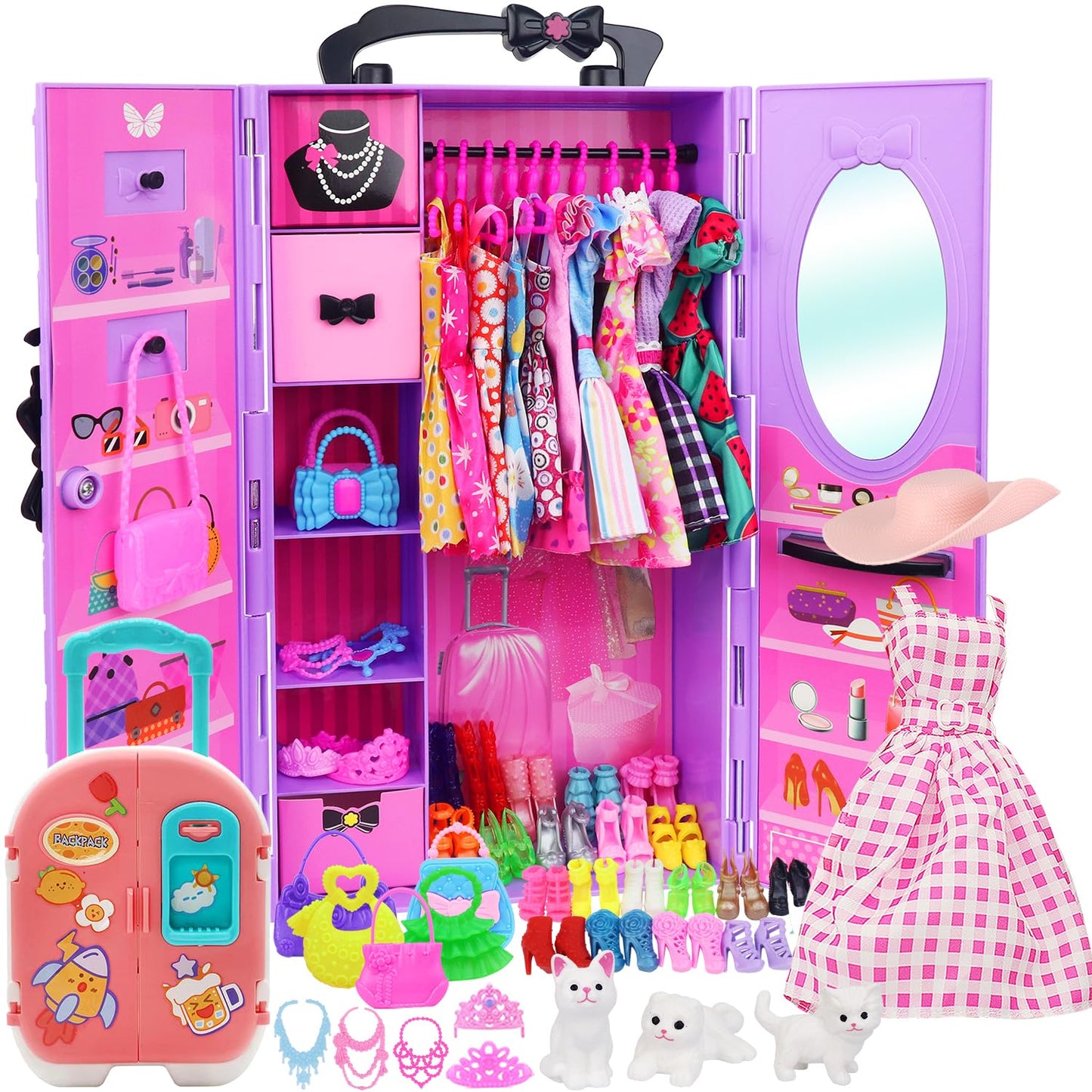 AK KYC 83 Pcs Dolls & Accessories with Doll Closet Wardrobe for 11.5 Inch Doll Dress Up Set Including Wardrobe Shoes Wallet Dress Hangers Brush Necklace Pet and Other Accessories (No Doll)