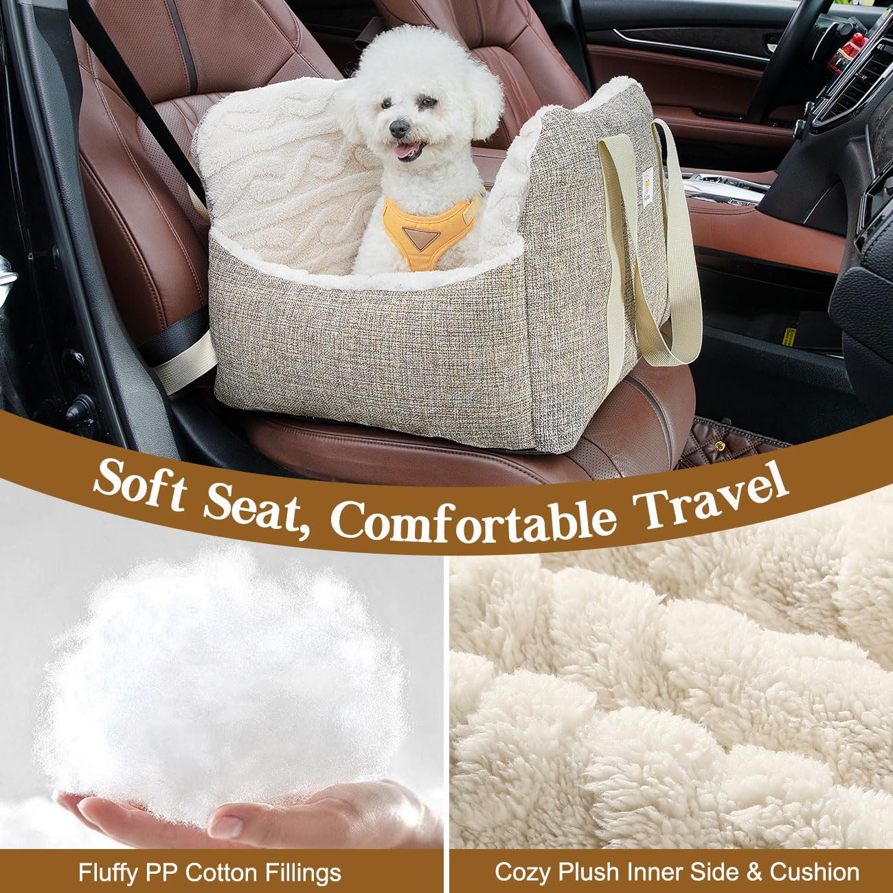 Pawaboo Small Dog Car Seat -Extra Soft- Dog Bed Car Seat for Small Dogs, Puppy Seat for Car with Fixed Buckle and Safety Leash, Thickened Dog Bed Car Seat, Pet Travel Carrier Bed Up to 25lbs