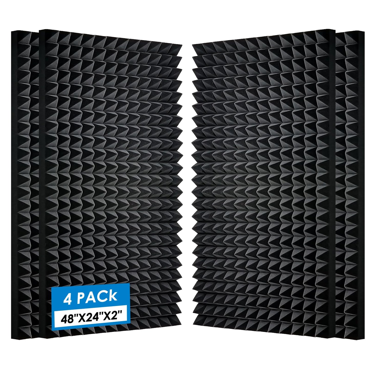 Acoustic Foam Panels, 48 x 24x 2 Inches, Pyramid Design, 4 Pack, Sound Proof, High Density, Fire Resistant, Black, for Wall and Ceiling (Black 4 Pack)