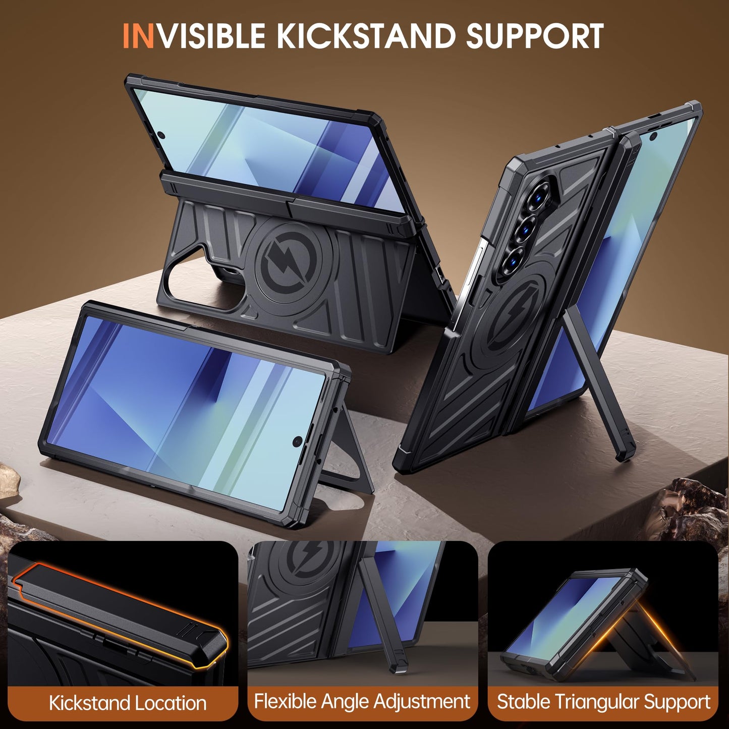 Armor Magnetic for Samsung Galaxy Z-Fold-7 Case: Dual Stand Horizontal & Vertical, Glass Screen Protector, Hinge Protection, Fit for MagSafe Wireless Charging, Shockproof Magnet Phone Cover, Black