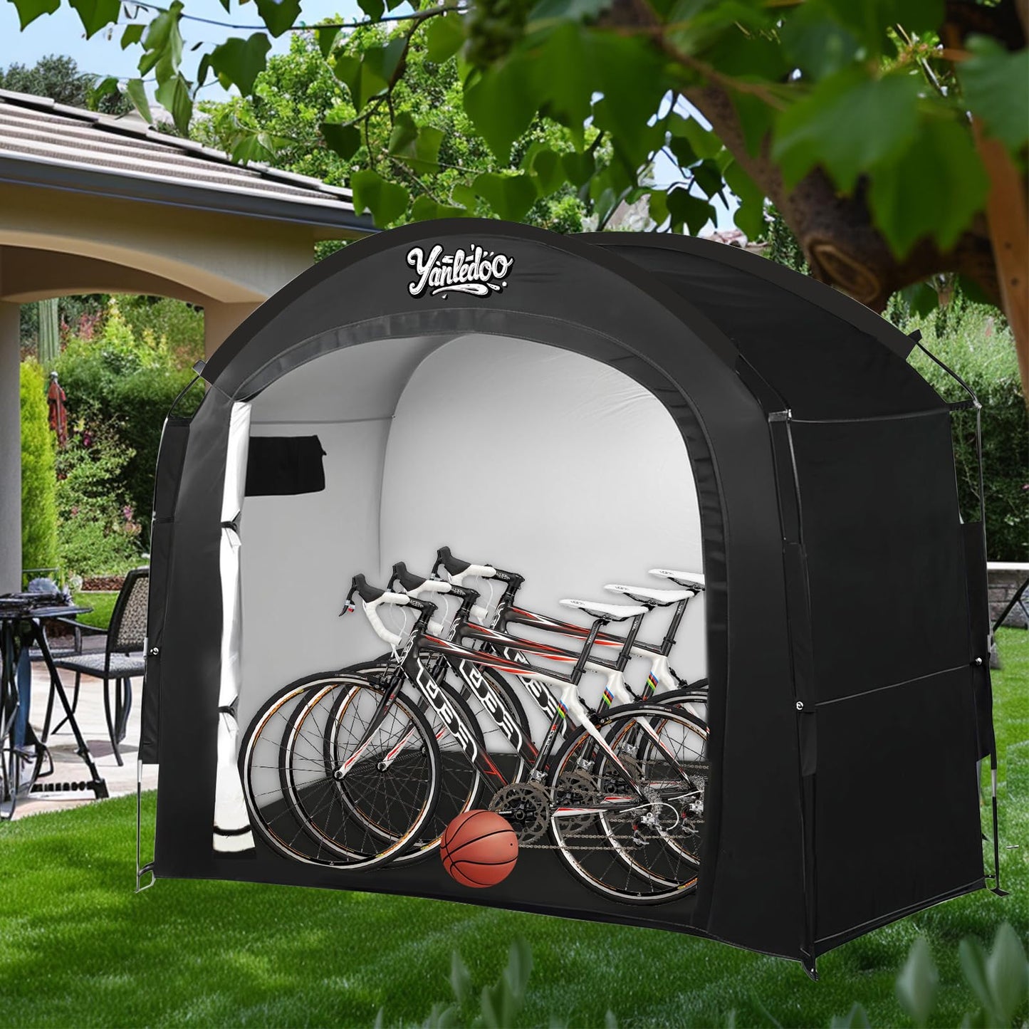 Yanledoo Bike Storage Tent, Outdoor Shed with Thick Waterproof Fabric, 30% More Top Space, Fits 2/3/4/5 Bikes or Tricycles, Easy Setup, Portable Cover for Garden Tools & Motorcycles(Black)