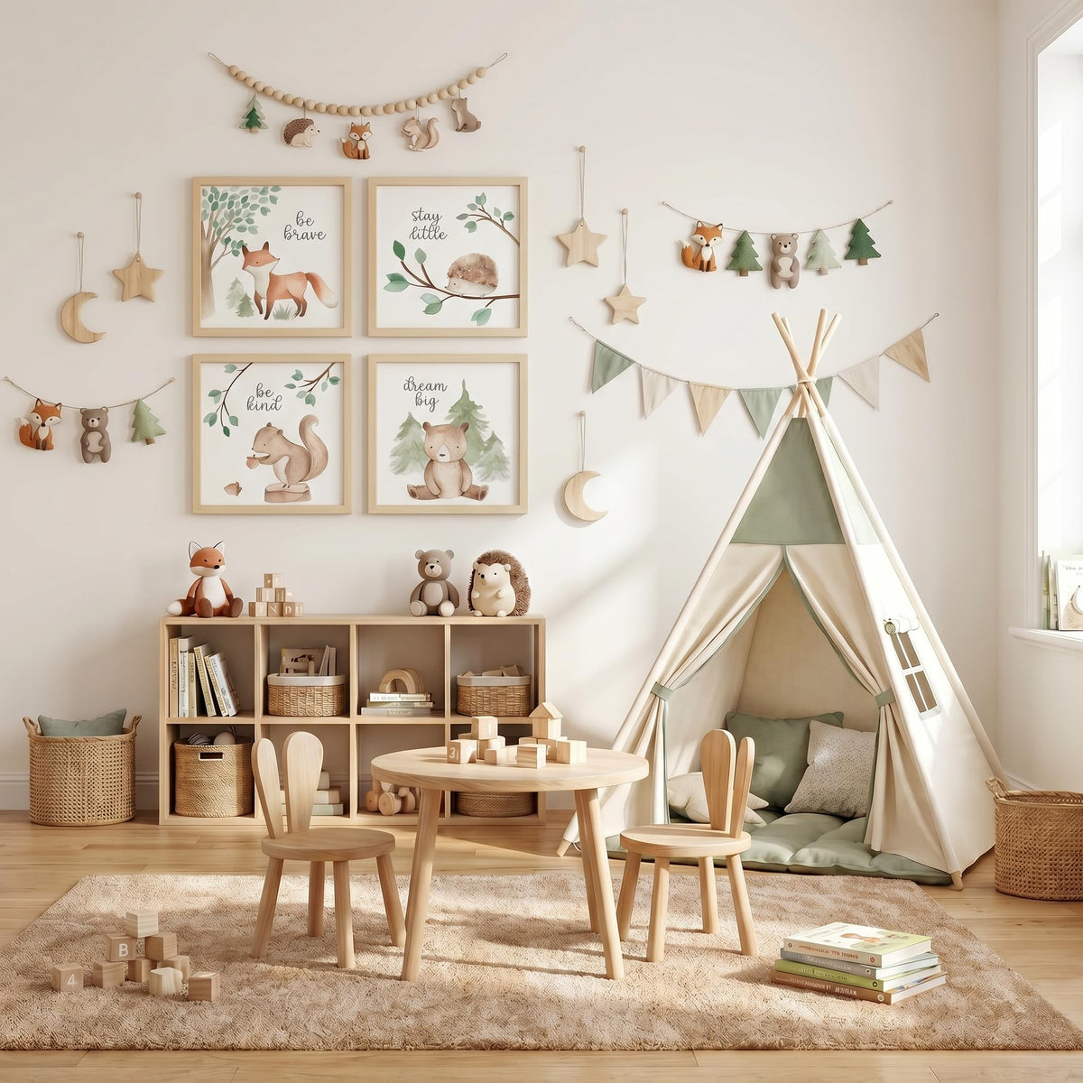ArtbyHannah Framed Woodland Nursery Wall Decor, Safari Nursery Decor with Inspirational Quotes, Cute Animals Prints in 10x10 inch Wood Picture Frames with Acrylic Panel for Baby Room, Kids Playroom, Light-Wood Decoration(4 Pack, Fox, Owl, Squirrel, Bear)