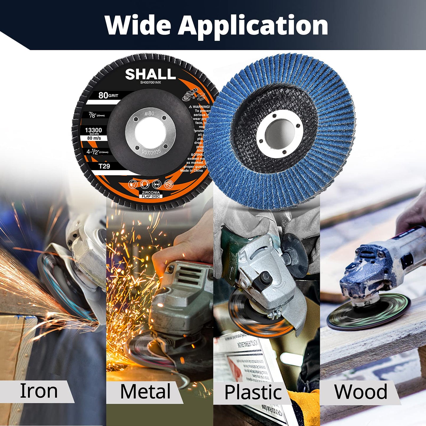 SHALL 24-Pack Flap Disc, 4.5" x 7/8" Zirconia Abrasive Grinding Wheel, 40/60/80/120 Grit T29 & 40 Grit T27 Angle Grinder Sanding Disc with Etched Grit Number Indication and 80pcs Emery Cloth Per Disc