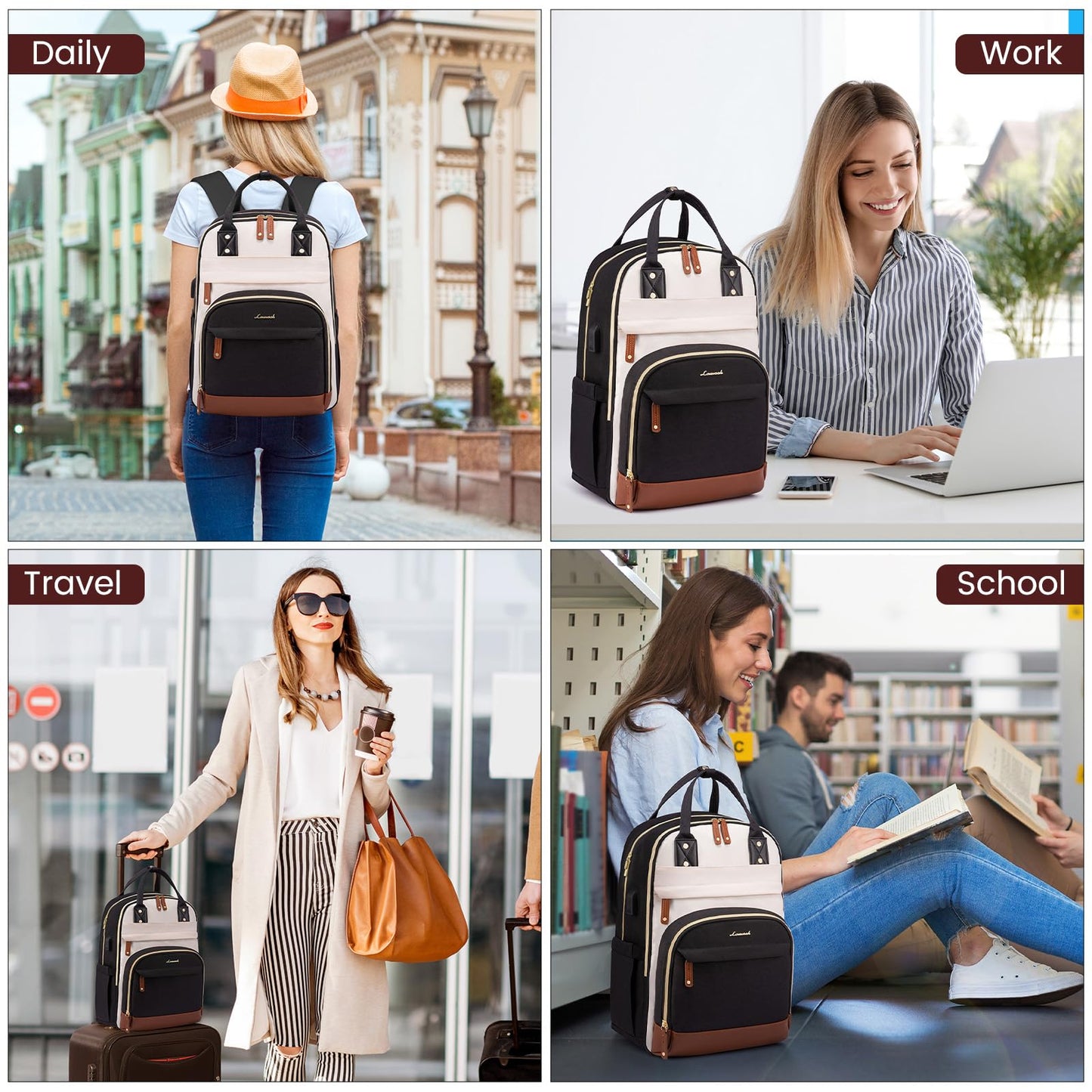 LOVEVOOK Laptop Backpack for Women, Travel Backpacks Work Bags, Backpack Purse, Business Computer Bags with USB, Waterproof, Fits 17 Inch Laptop Bag, Beige-Black-Brown