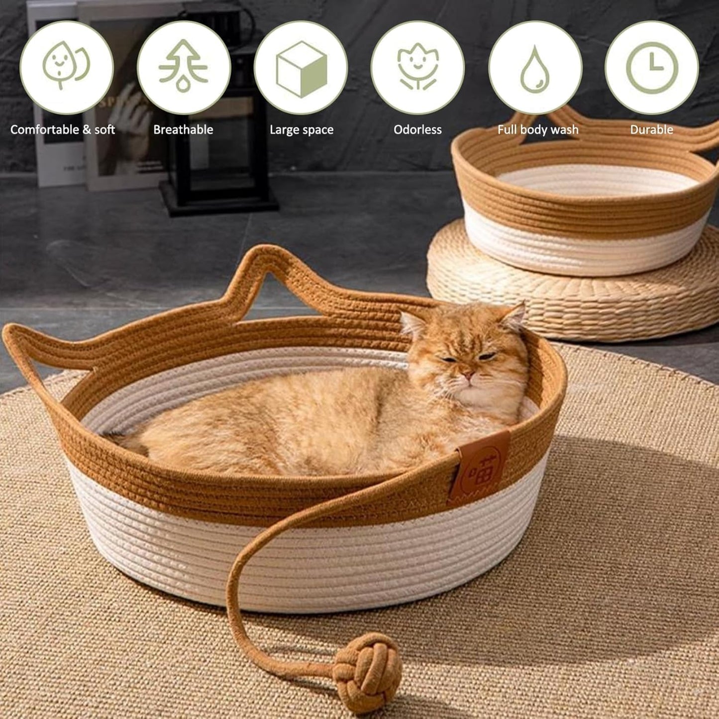Handwoven Cotton Rope Cat Bed Cat Hammock Foldable Sleeping Nest Basket Handmade Natural Cradle Scratcher Cuddler for Kitten Cute Style with a Playing Rope Ball (Brown-Large)