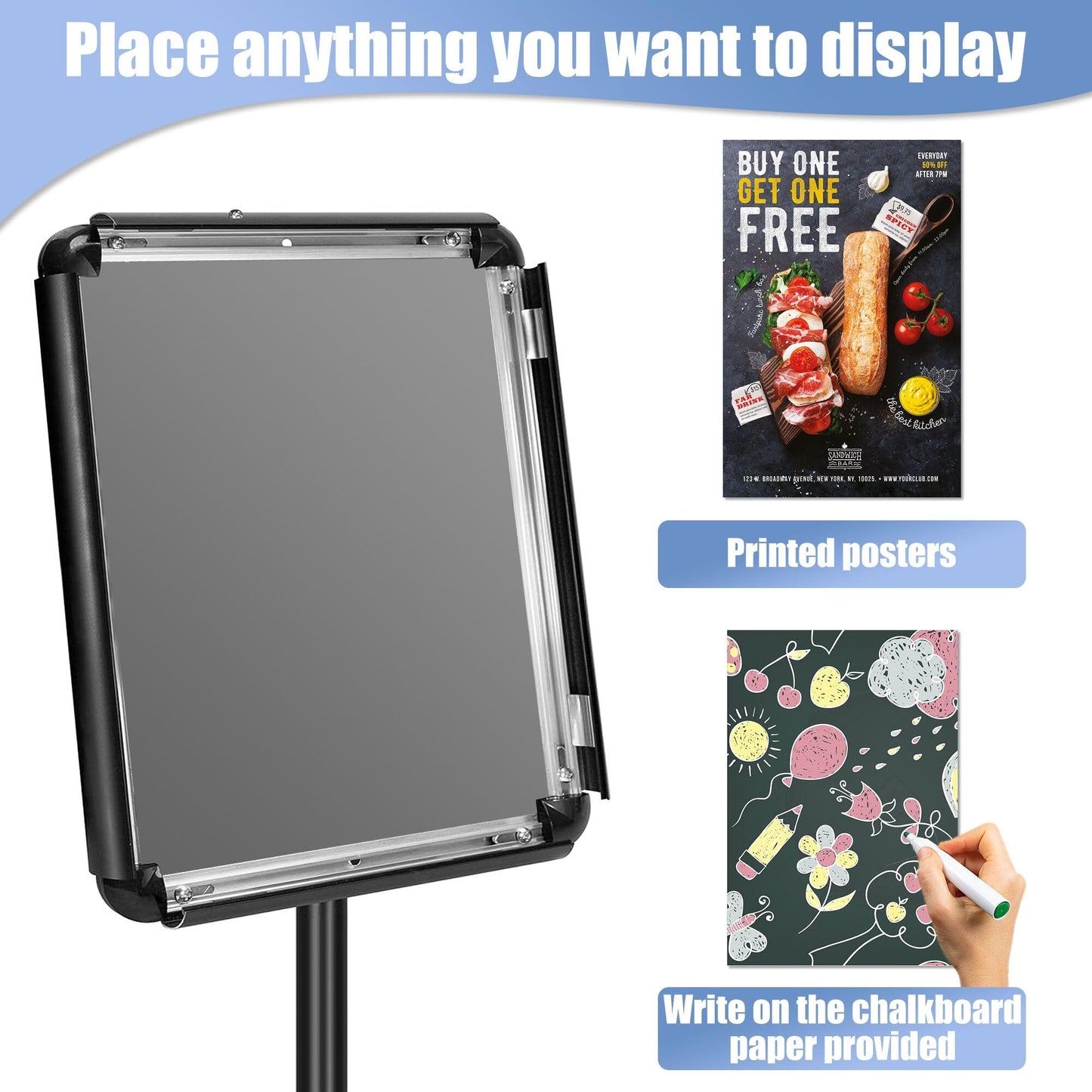 Pedestal Sign Holder Stand 8.5x11 Inch Adjustable Heavy Duty Floor Standing Sign Stand with Round Base Snap open frame 360° Rotation for Trade Show Shopping Malls Business Store Black 2 Pack