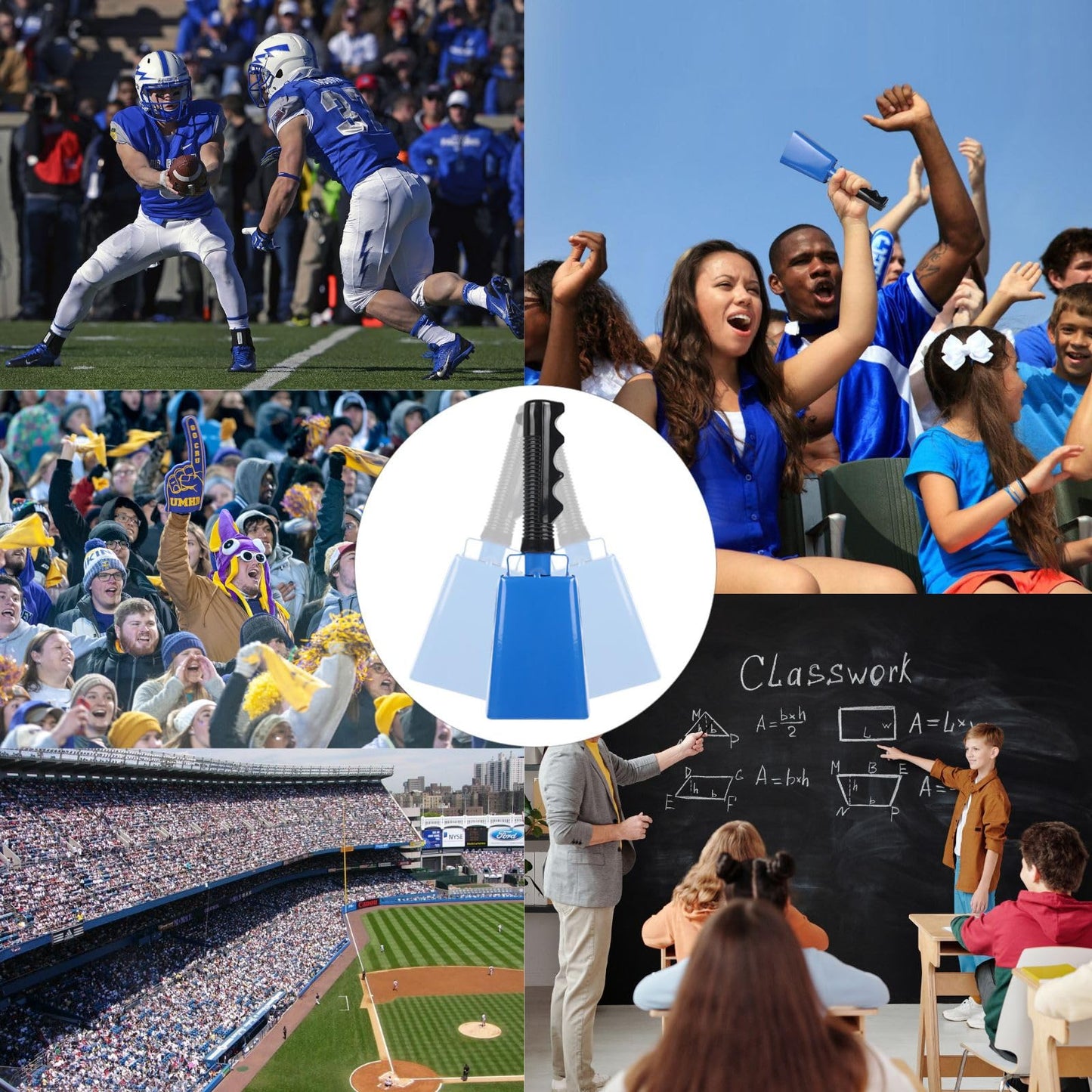 Cow Bell Noise Makers with Handle: Large Cowbells for Sporting Events Hand Percussion Instrument - 8 Inch 2 Pack Loud Cheering Bell for Football Games Graduation Party Farm (Blue)