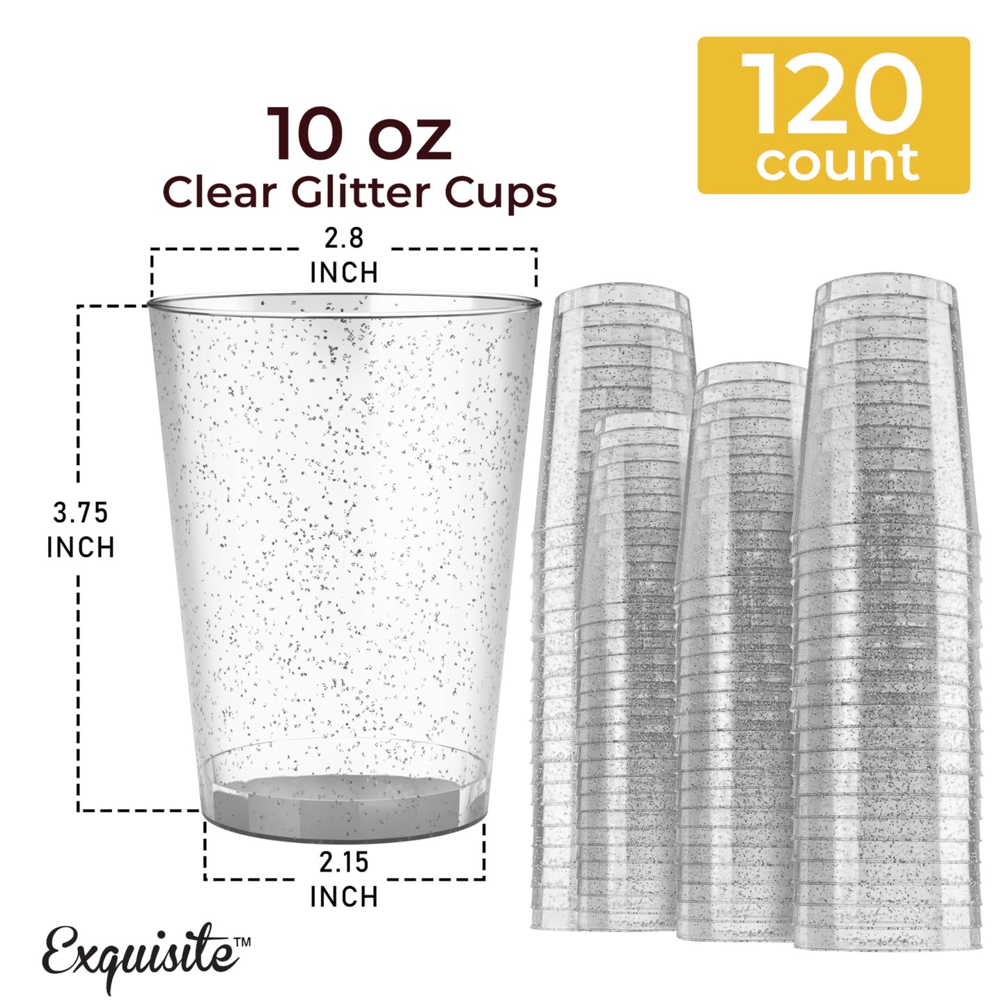 120 Count 10 oz Silver Glitter Clear Plastic Cups Tumblers - Hard Plastic Disposable Cups for Wedding Glasses - Plastic Party Cups for Cocktail Wine and More - Exquisite