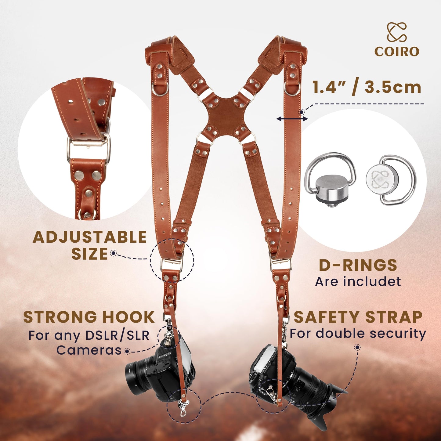 Camera Accessories Dual Harness Two Cameras - Shoulder Leather Strap - Multi Gear Double Camera Accessories DSLR/SLR ProInStyle Strap by Coiro