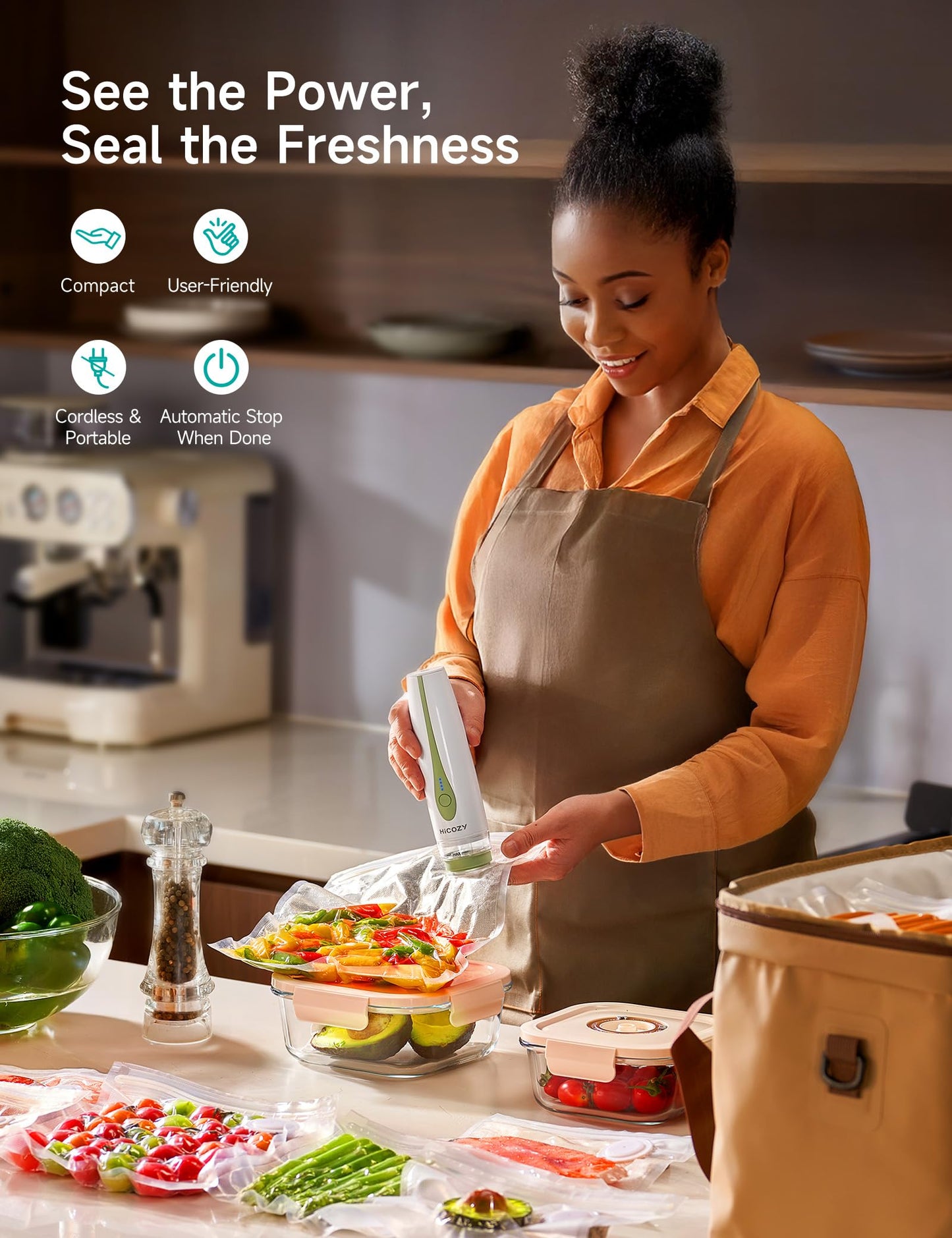 HiCOZY Vacuum Sealer Sync for Food with Visible Water Tank, Powerful Compact Handheld Vacuum Sealer Machine with LED Battery Display, 30 BPA-Free and Reusable Bags