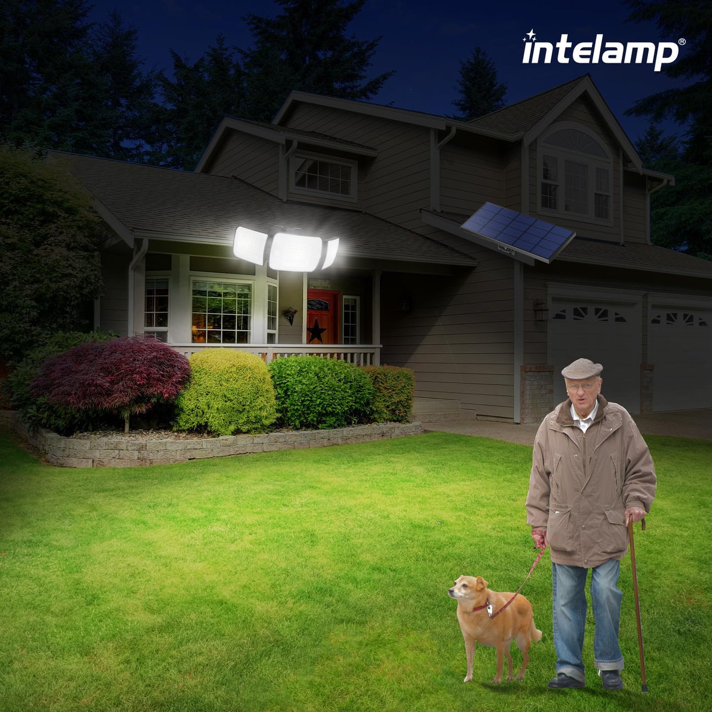 Intelamp Solar Motion Sensor Lights Outdoor, Split Design 2-Pack LED Security Flood Light, 6000mAh 1200LM Dual PIR Remote, IP65 Waterproof, Adjustable Solar Wall Light for Garage Yard Driveway Patio