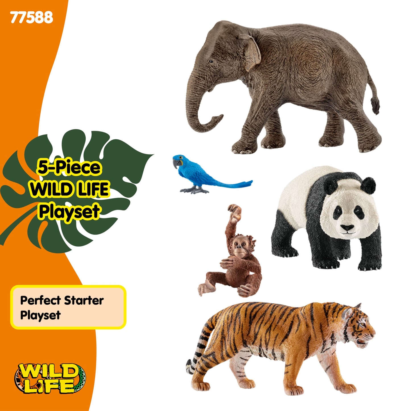 schleich Wild Life - 5PC Wild Animal Toy Set - Jungle Safari Bundle with Panda, Macaw, Baby Orangutan, Elephant, and Tiger Figurine - Realistic Wildlife Figures for Screen-Free Play - Kids 3+ | 77588