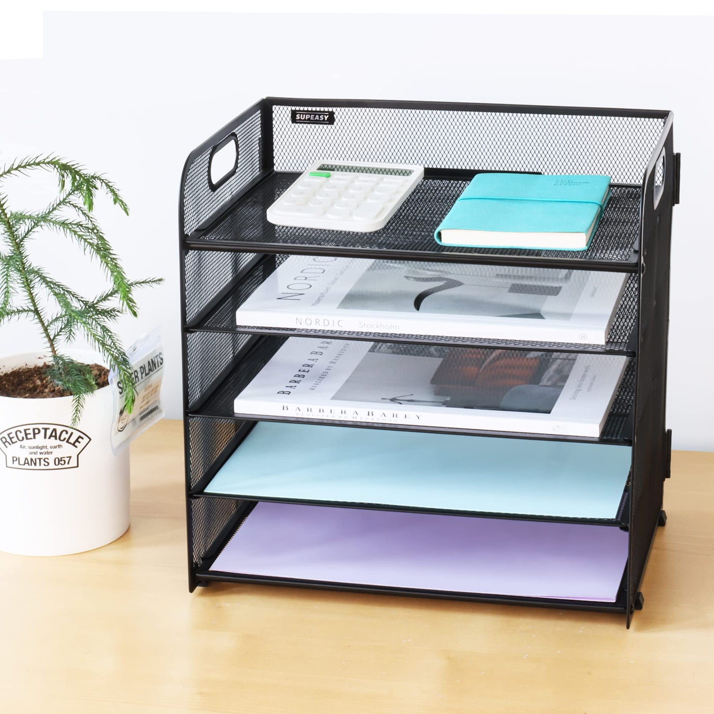 Supeasy 5 Trays Paper Organizer Letter Tray with Handle-Mesh Desk File Organizer, Paper Sorter for Office, Home or School, Black