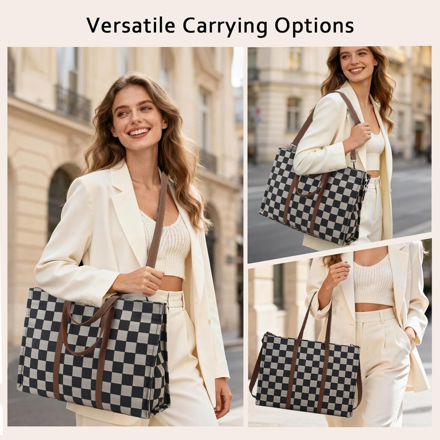 Laptop Tote Bag for Women Work 15.6 inch Canvas Shoulder Bags Computer Messenger Purse Teacher Handbag Office Briefcase, A-khaki-black, Large, Laptop Bag