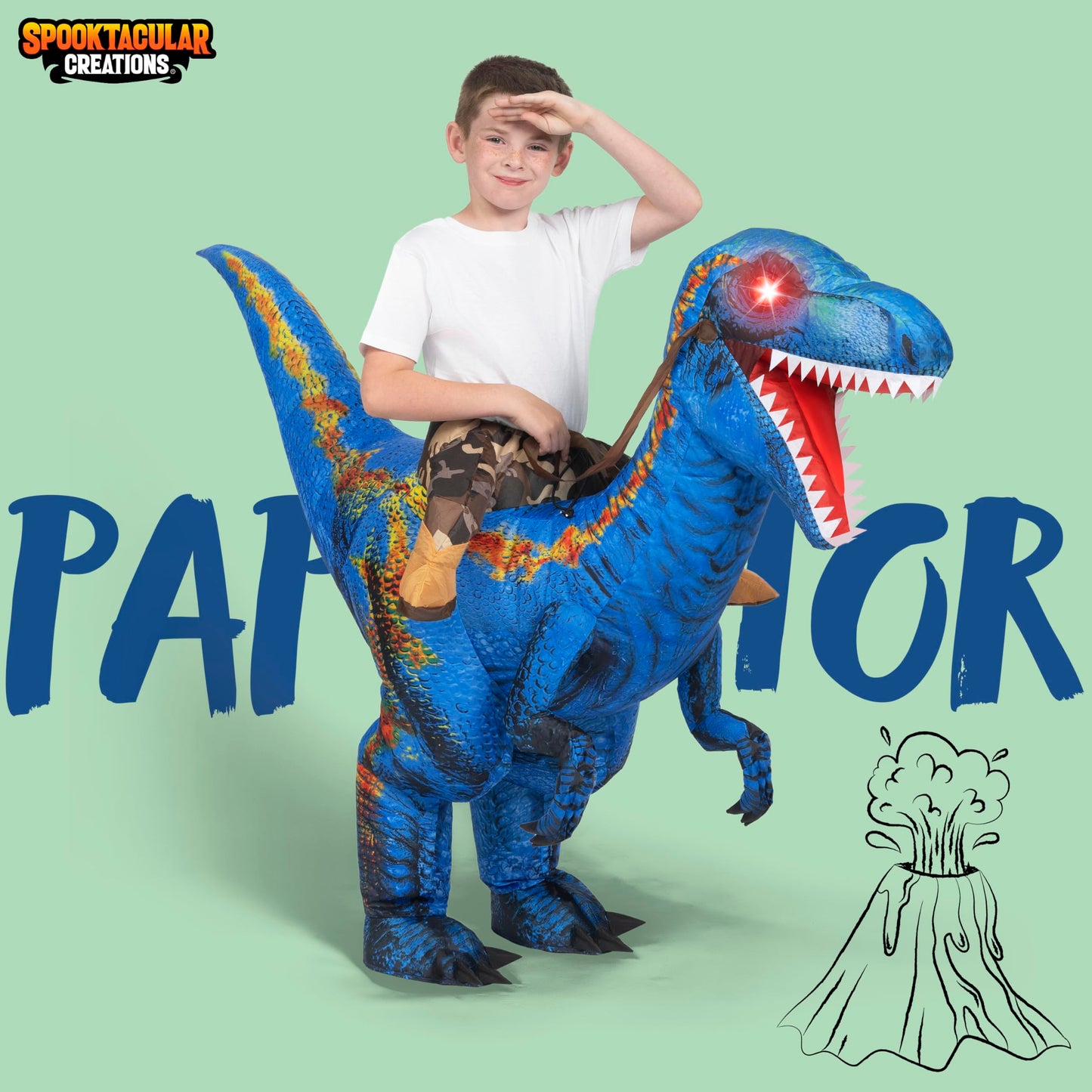 Spooktacular Creations Kids Halloween Inflatable Dinosaur Costume, LED Light Eyes Ride-on T-rex(S Blue)
