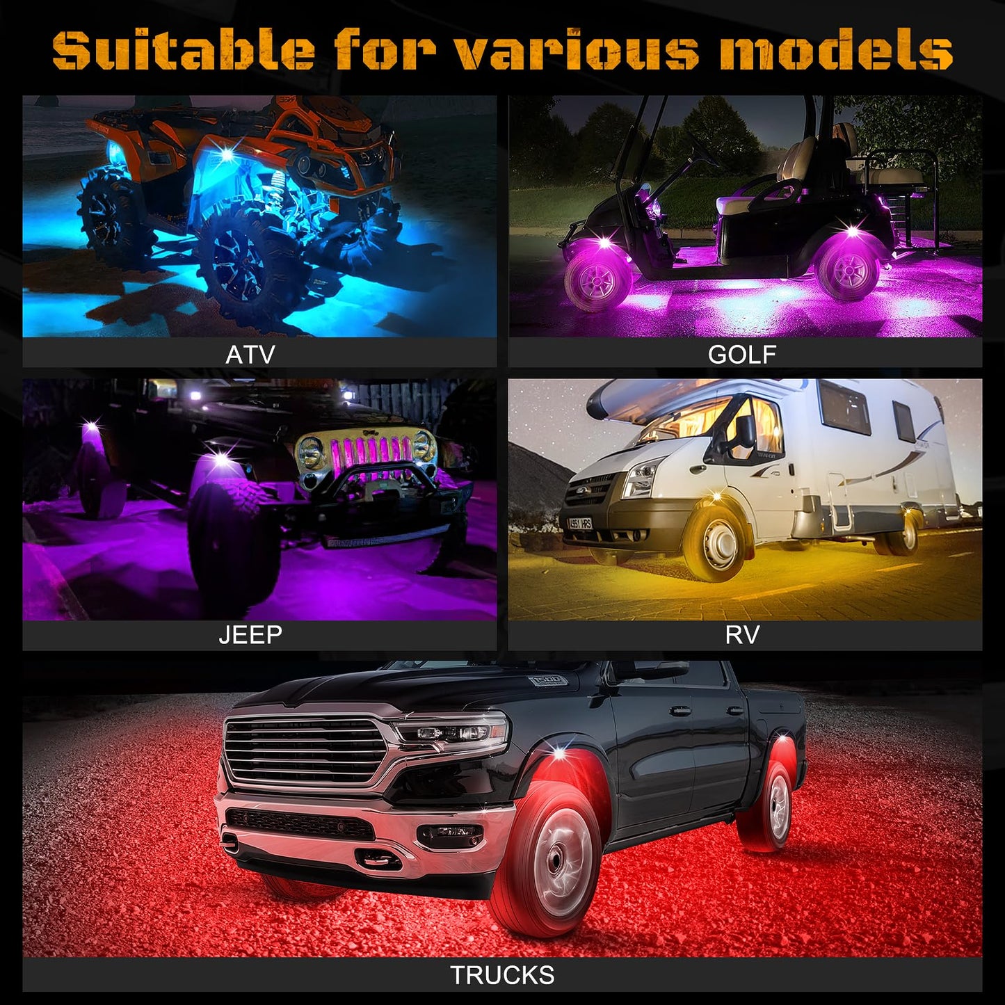 8 Pods RGB LED Rock Lights Kit with APP Control, Multi-Color 175° Beam Angle Car Underglow Lights for Trucks, Waterproof Music Mode, Neon Underbody Lights for Jeep UTV SUV ATV Boat Golf Cart Exterior
