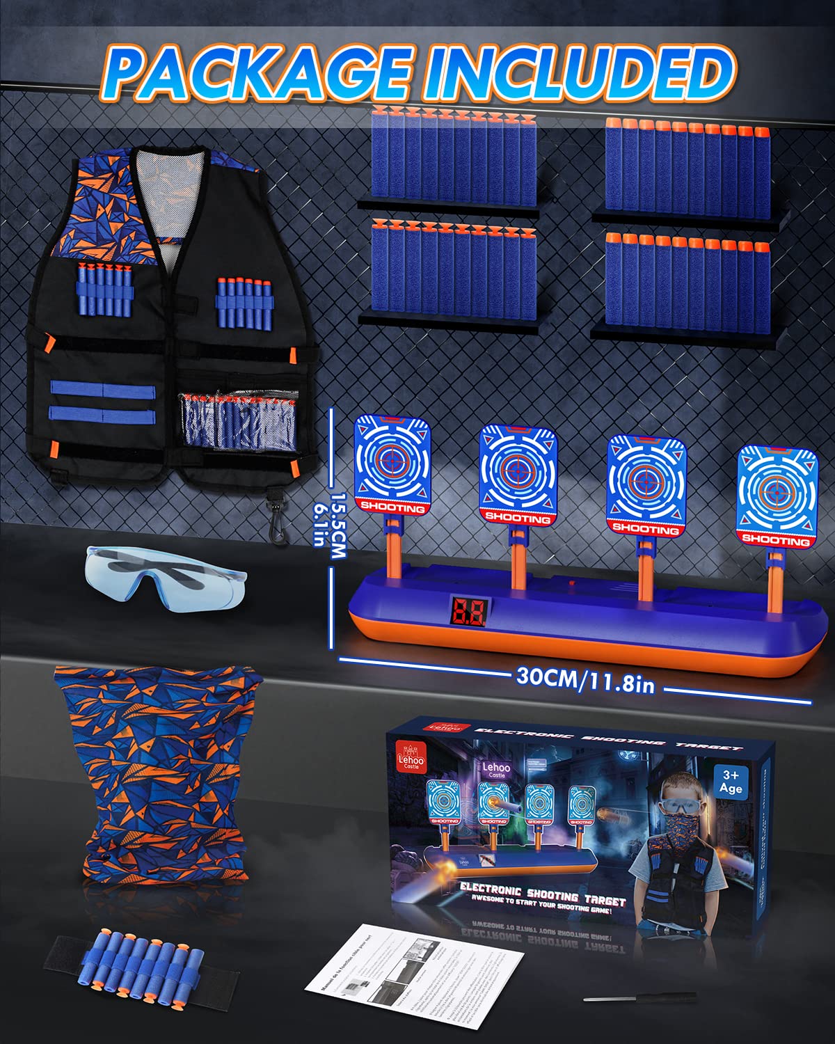 Nerf Target, Lehoo Castle Electronic Digital Target for Nerf Guns with Auto-Reset, Scoring Shooting Targets for Kids Include Kids Tactical Vest, 60 Bullets, Glasses, Gift Toy for Kids Boys Girls