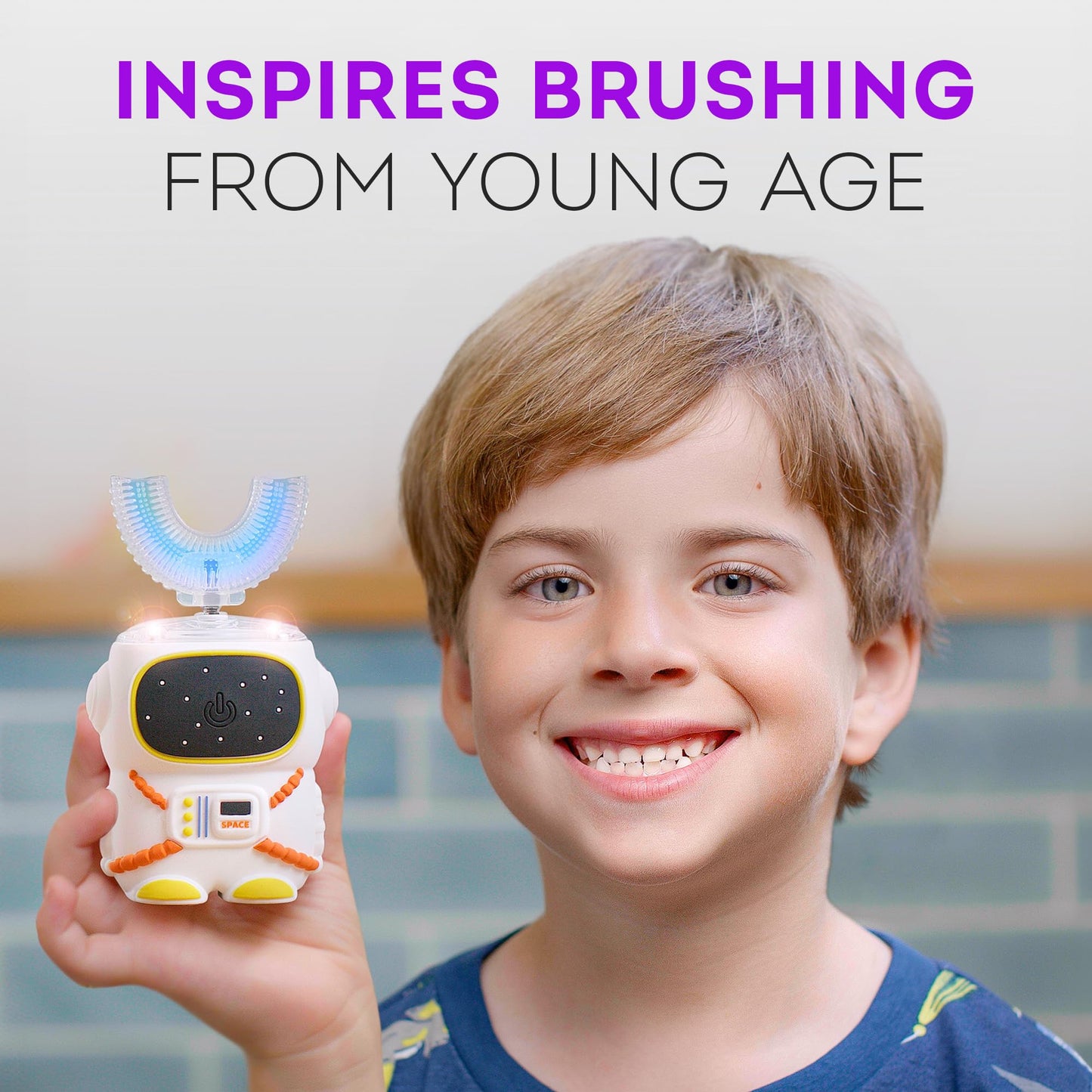 Sensory 360 Round U-Shaped Astronaut Design Mouthguard Electric Toothbrush for Kids Ages 2-7 - Automatic Memory Function - 5 Modes Toothbrush with Multiple Heads – Kids Travel Essentials (White, Small)