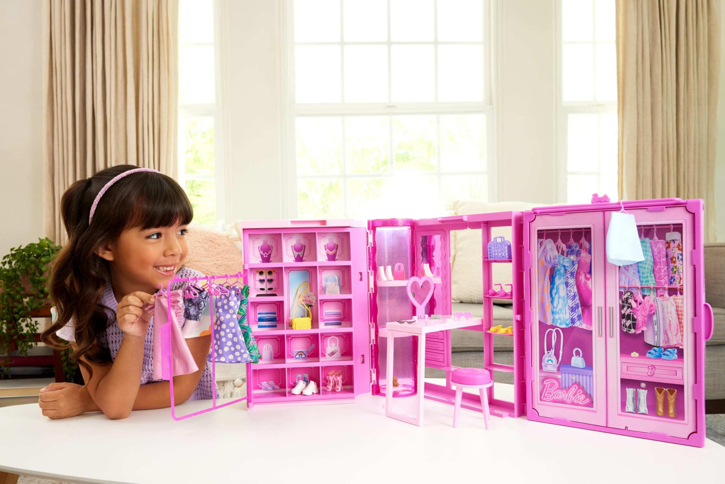 Barbie Dream Closet Toy Playset with Clothes & Accessories, 3-ft-Wide with 25+ Pieces, 4 Complete Fashion Looks