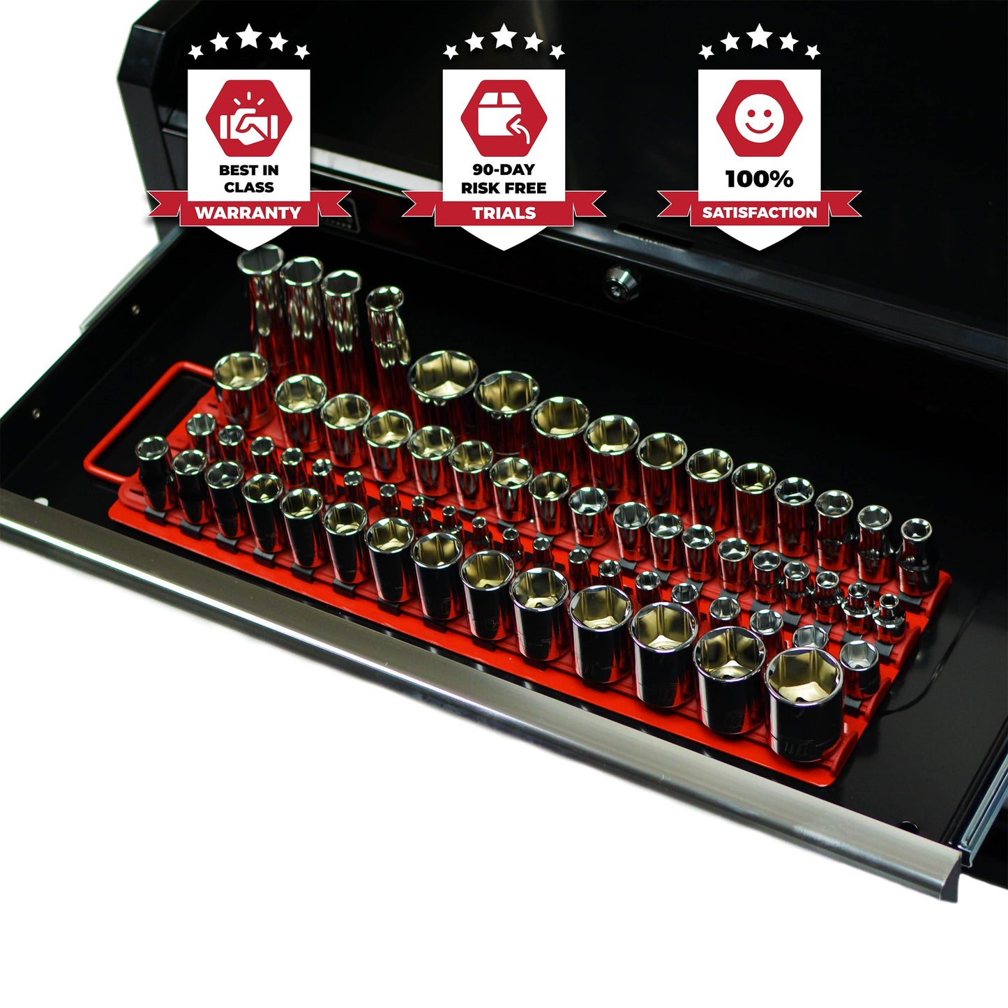 Olsa Tools Socket Organizer Tray - Red Rails with Black Clips - Holds up to 80 Sockets - Professional Tool Storage Rack - Part: 1047