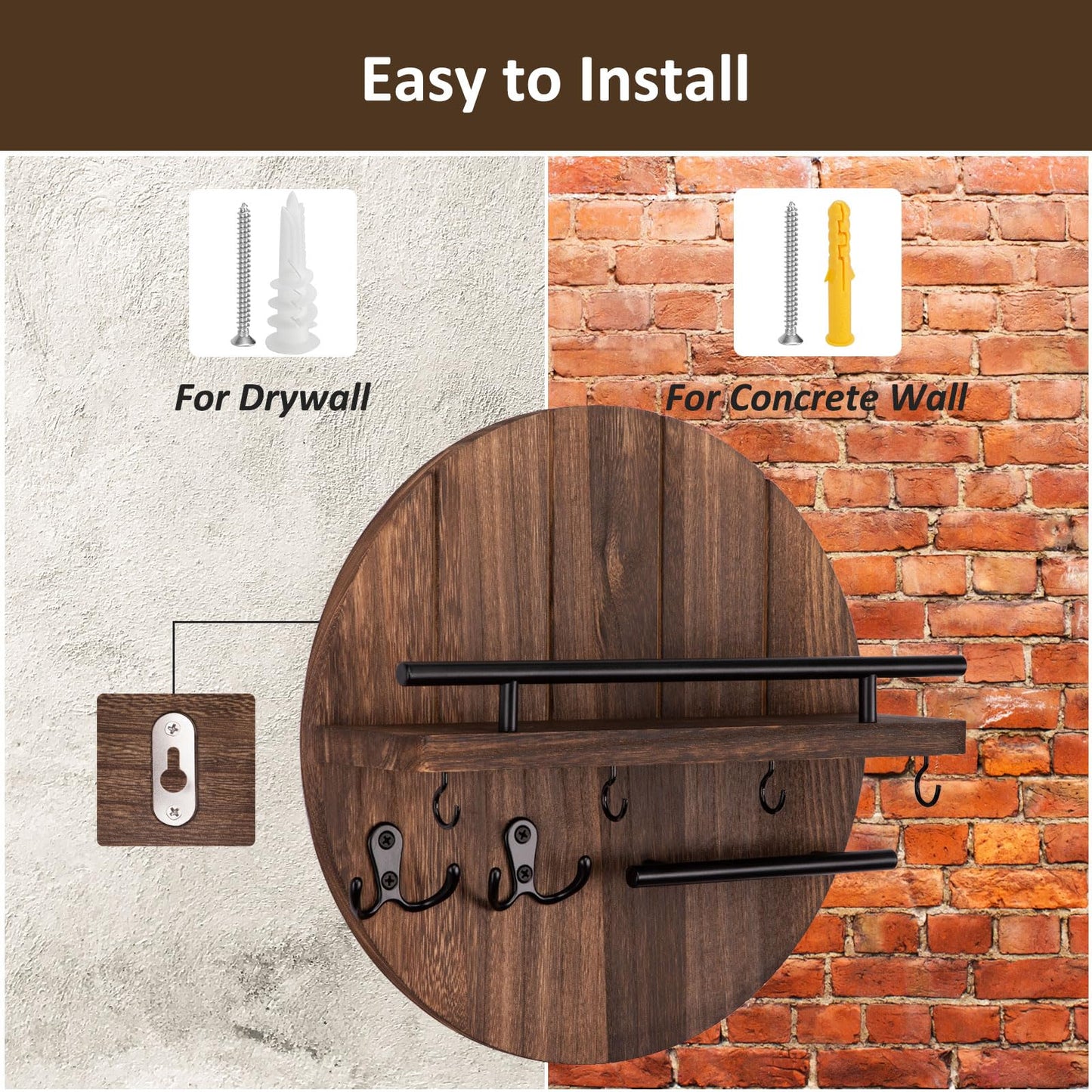 Nekon Key Holder Wall Mount, 11.8 Inch Key Rack with Shelf and 6 Key Hooks, Rustic Key and Mail Organizer, Circular Wooden Key Hanger for Entryway Hallway Kitchen (Brown)