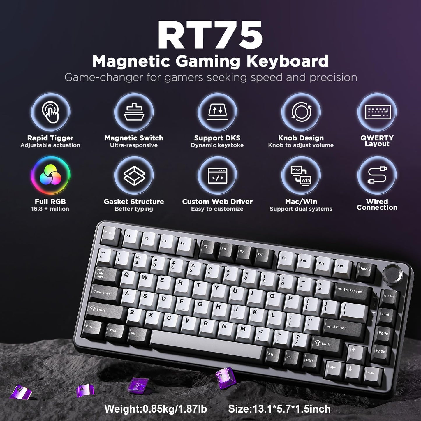 YUNZII RT75 Rapid Trigger Gaming Keyboard,Hall Effect Magnetic Switch,Adjustable Actuation Esports,75% TKL Layout with Knob,RGB Backlit, PBT Keycaps for Mac/Win (Black, Outemu Switch)