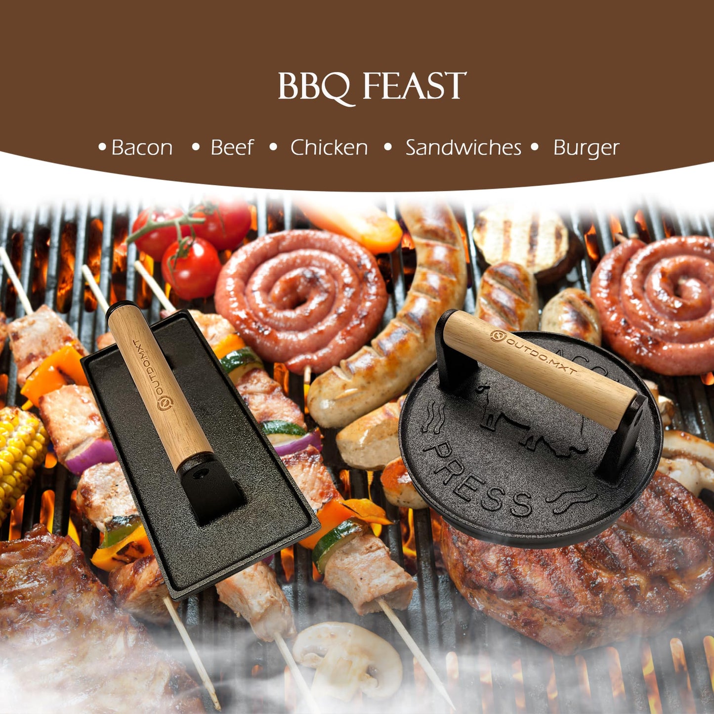 OUTDO.MXT Cast Iron 7" & 8.5" X 4.3" Smash Burger Press, Heavy Duty Burger Smasher with Wooden Handle and Silicone Protective Cover for Griddle,Grill Press for Hamburger, Bacon, Barbecue Grilling Tool