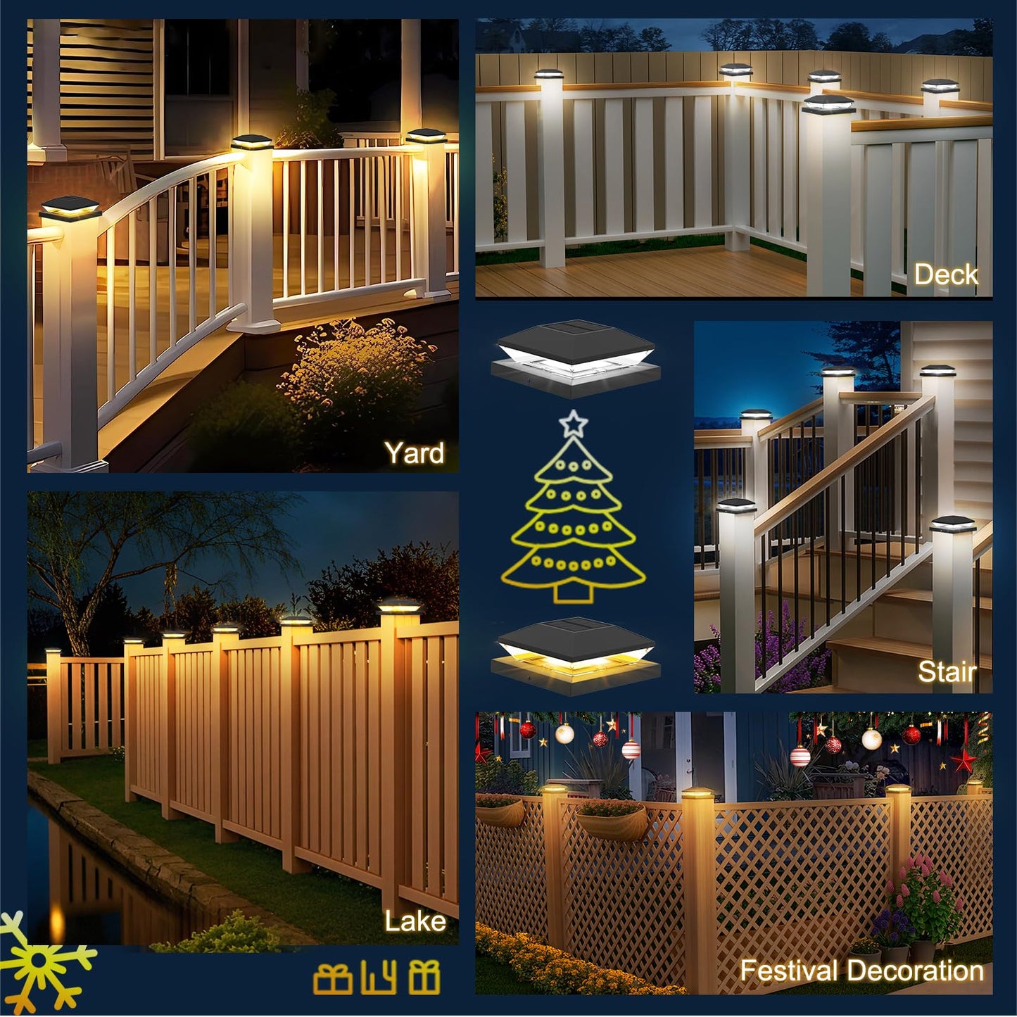 T-SUNUS Solar Post Cap Lights Outdoor 6 Pack, 2 Lighting Modes LED Fence Fit for 4x4 5x5 6x6 Vinyl/Wooden Posts, Waterproof Deck Powered Garden Patio Gate Porch Lights, Black Warm/Cool White