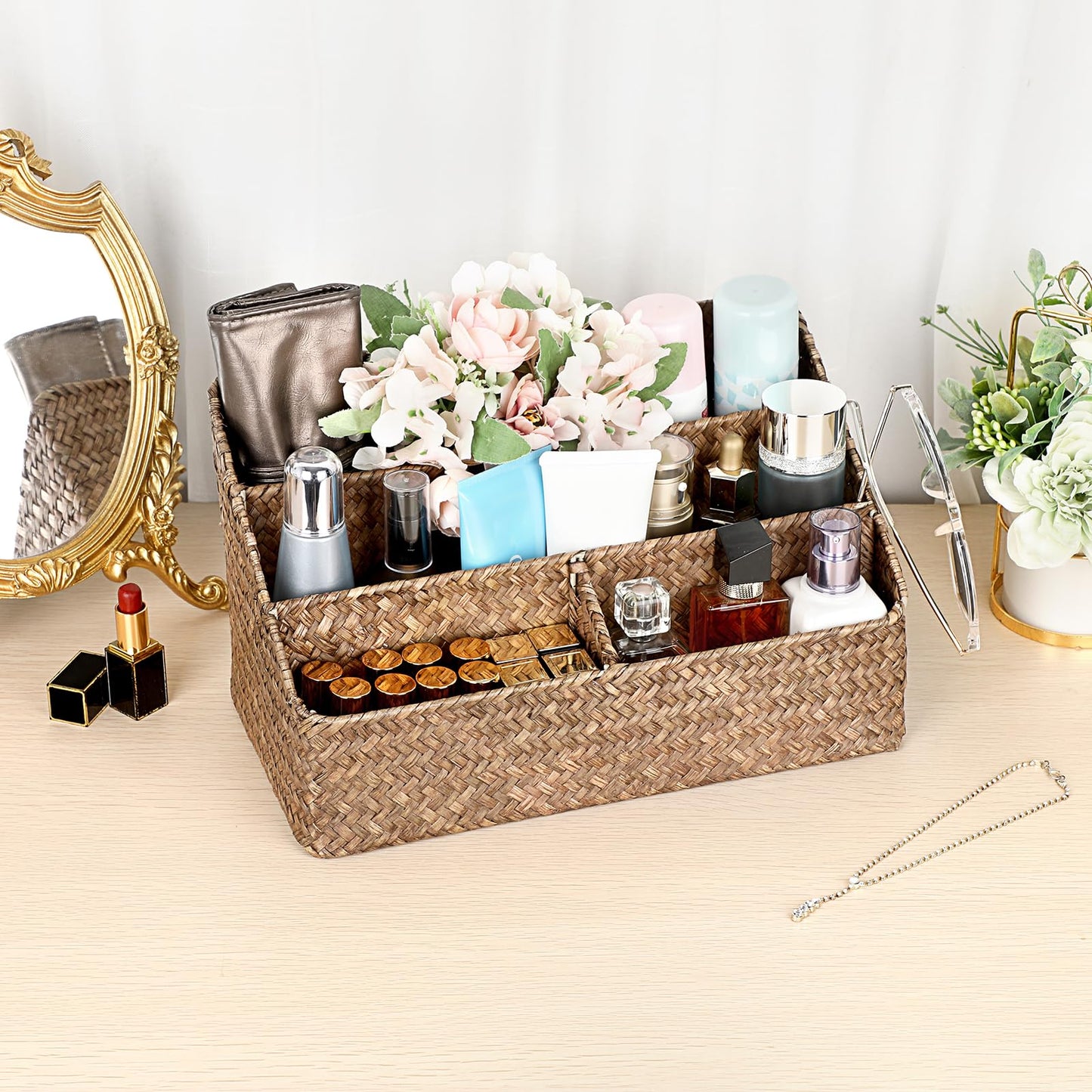 BTSKY Natural Seagrass Desk Organizer, Handmade Woven Wicker Mail Sorters with 4 compartments, Office Supply Caddy Accessories Holder Organizer for School, Home