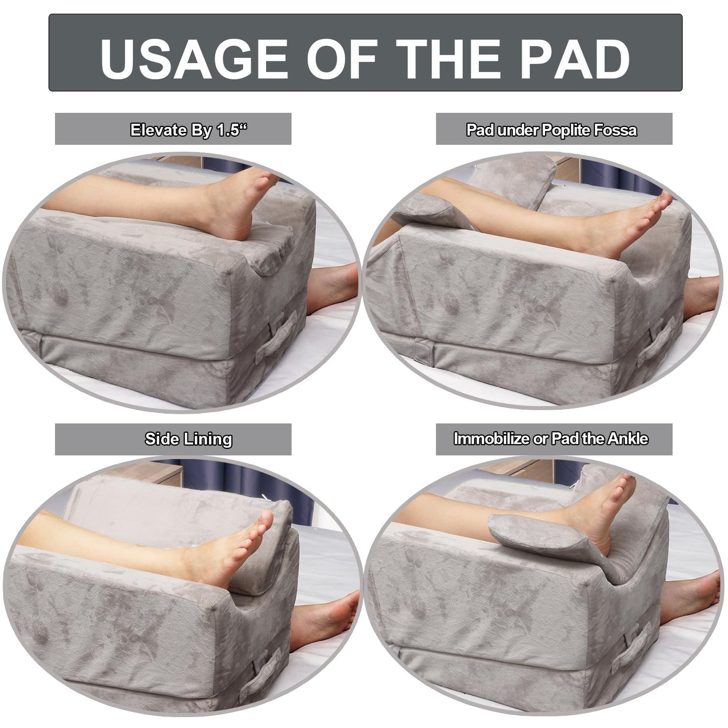 WDBBYL Leg Elevation Pillow, 3 Modes For Knee Ankle & Leg Raise After Surgery, Memory Foam U-shaped Leg Positioner, Side Pockets, Washable Velvet Cover (Grey)