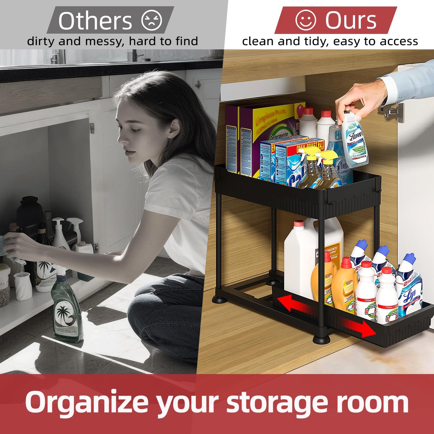 Sevenblue 4 Pack Under Sink Organizer and Storage, 2 Tier Sliding Bathroom Organizers, Multi-Use Under Sink Organizer for Bathroom and Kitchen (4 Pack Black)