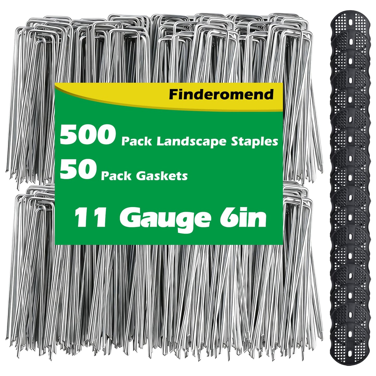 SearQing 500 Pack Landscape Staples and 50 Pack Gaskets,6" Galvanized Steel Garden Staples with Black Pads,Landscape Pins Turf Staples for Securing Weed Barrier Fabric Artificial Grass