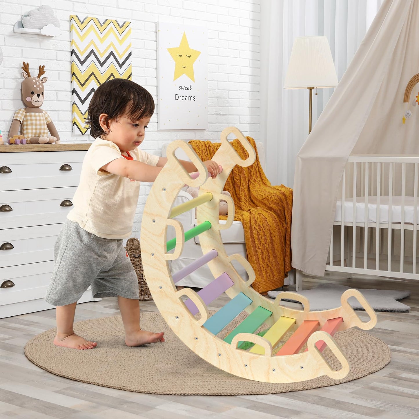 BlueWood Wooden Ladder Arch for Climbing Toddlers Waldorf Children Indoor Gym Learning Playset Playground Kids - Rainbow