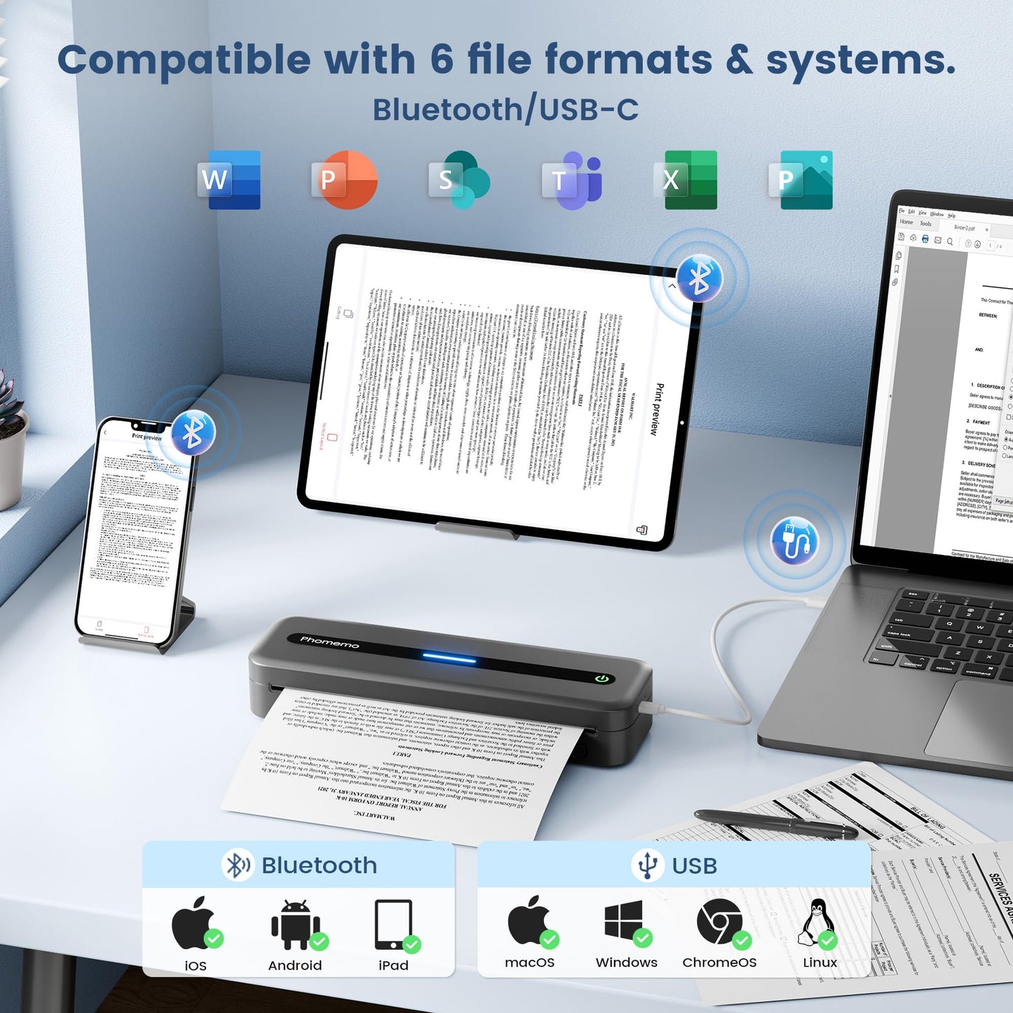 Phomemo Portable Thermal Printer, M832 Wireless Bluetooth Inkless Printer, Support 8.5'' x 11'' US Letter & A4 Size, Small Mobile Printers for Phone & Laptop, with Carry Case and 4 Rolls Thermal Paper