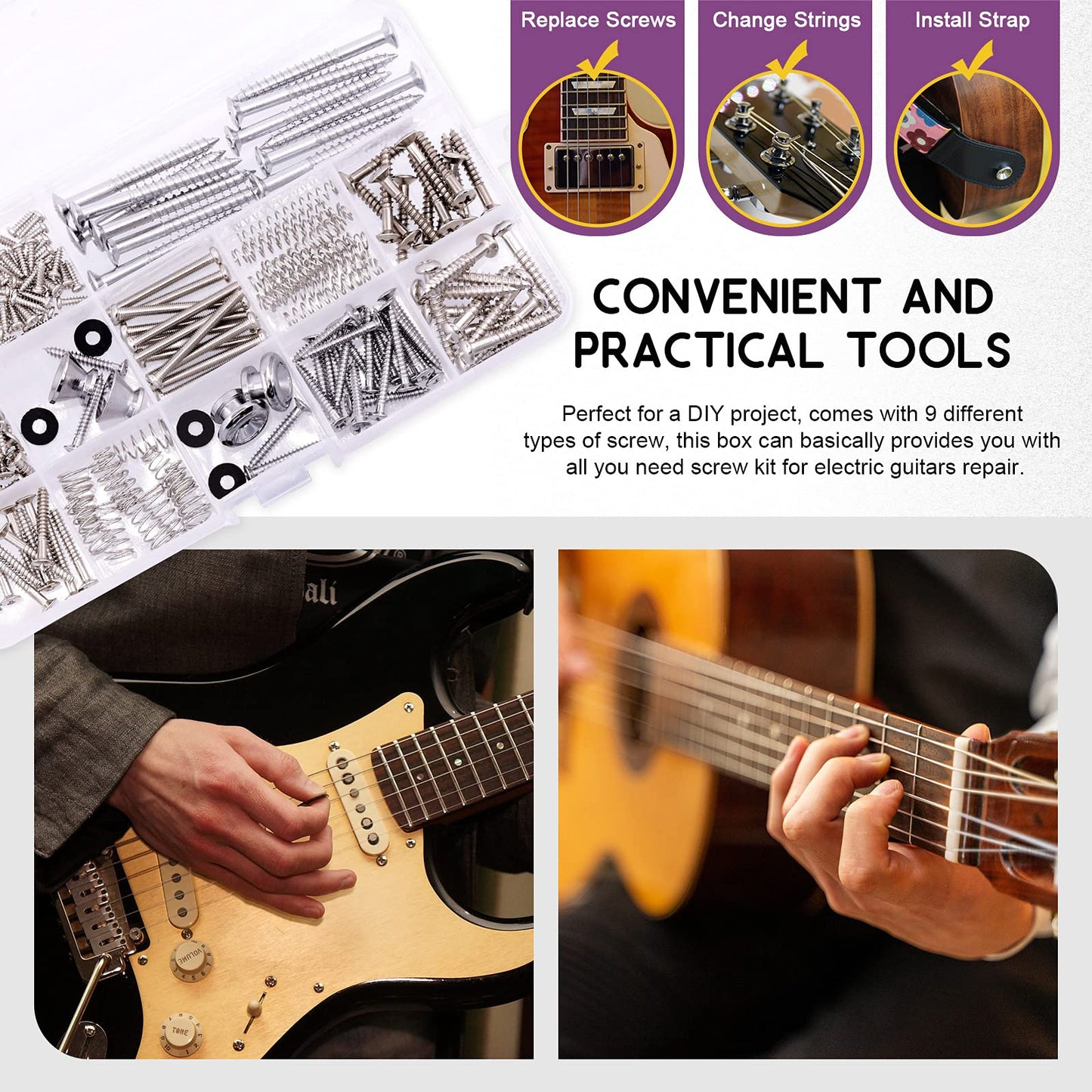 Swpeet 263Pcs Electric Guitar Screw Kit (9 Types) With Springs, String Winder, Screwdriver, Tweezers, 0.75mm Pick for Bridge