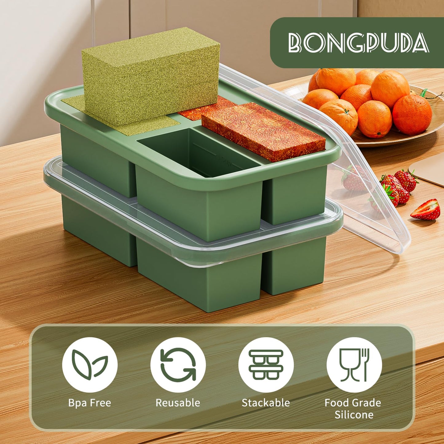 Bongpuda 4 Cup Silicone Freezer Trays with Lid, 2 Pack Silicone Soup Freezer Containers,Make 4 Broths,Sauces and Leftovers(Green)