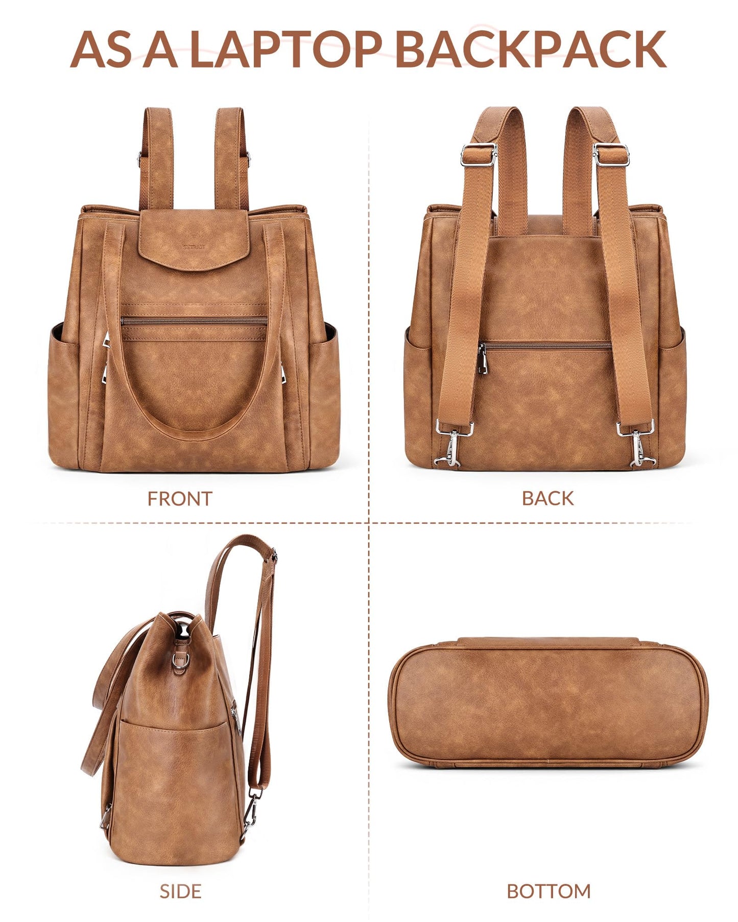 SYTRAH Laptop Bag for Women Designer Leather Laptop Backpack Purse, 16 inch Computer Tote Bags for Work Travel with Satchel Purse Brown
